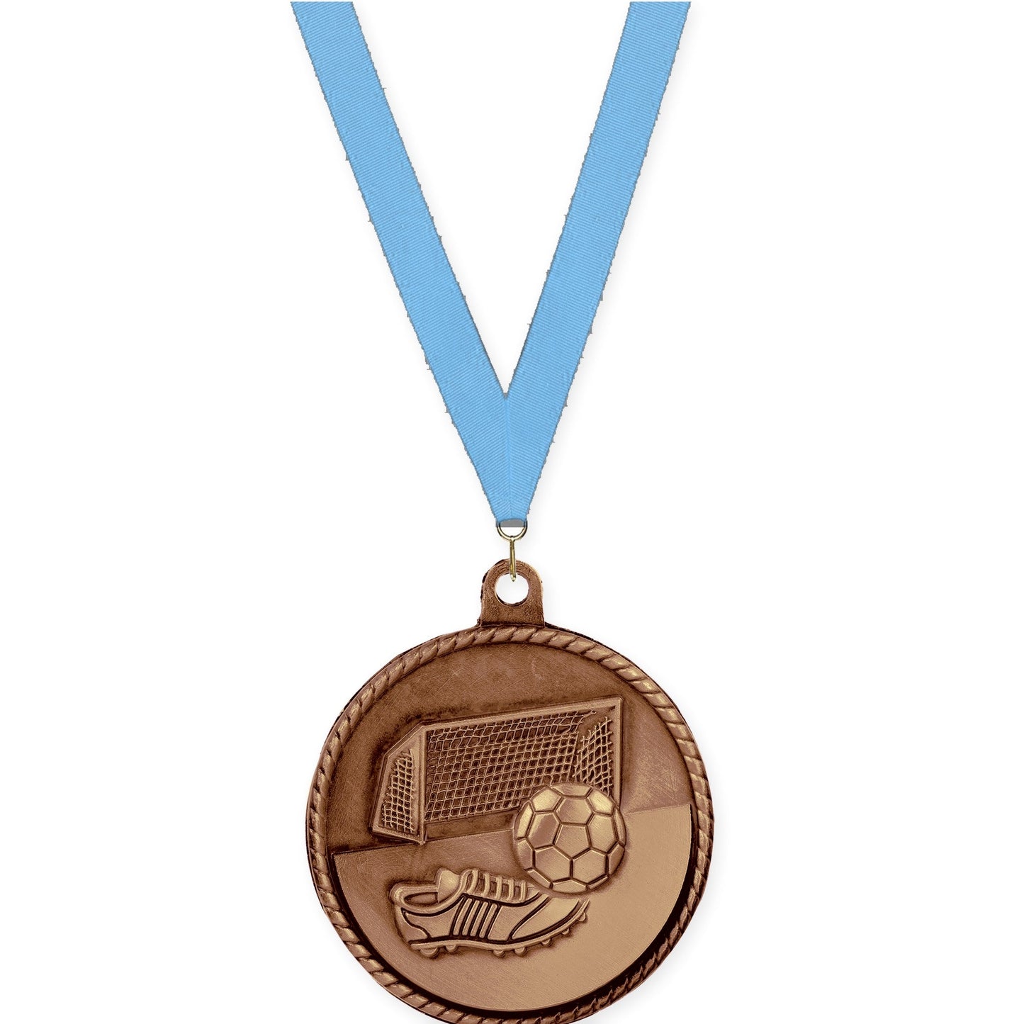 2 inch soccer High Relief medal in antique bronze with Light Blue neck ribbon