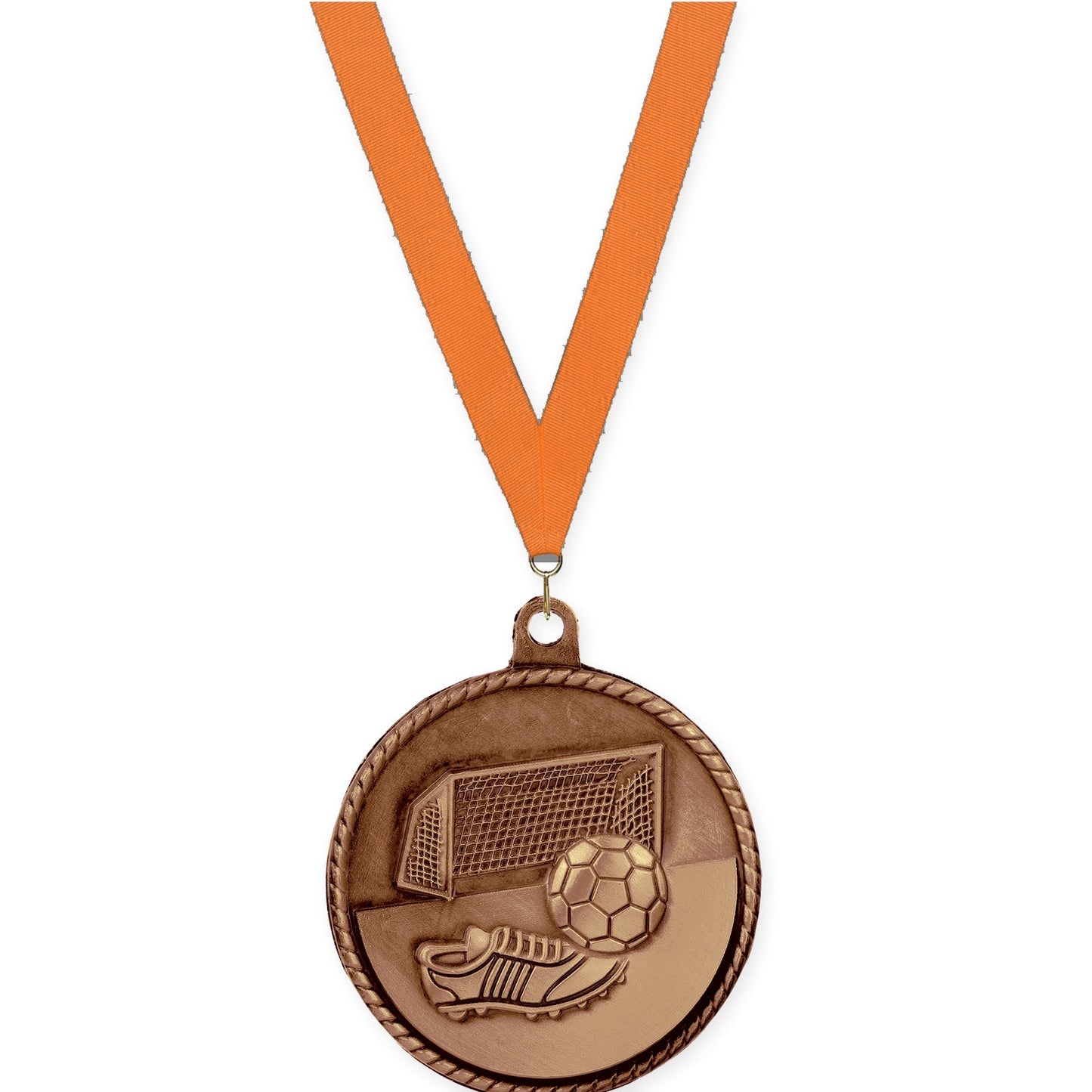 2 inch soccer High Relief medal in antique bronze with Orange neck ribbon
