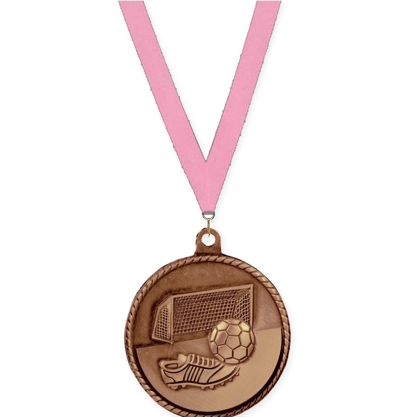 2 inch soccer High Relief medal in antique bronze with Pink neck ribbon