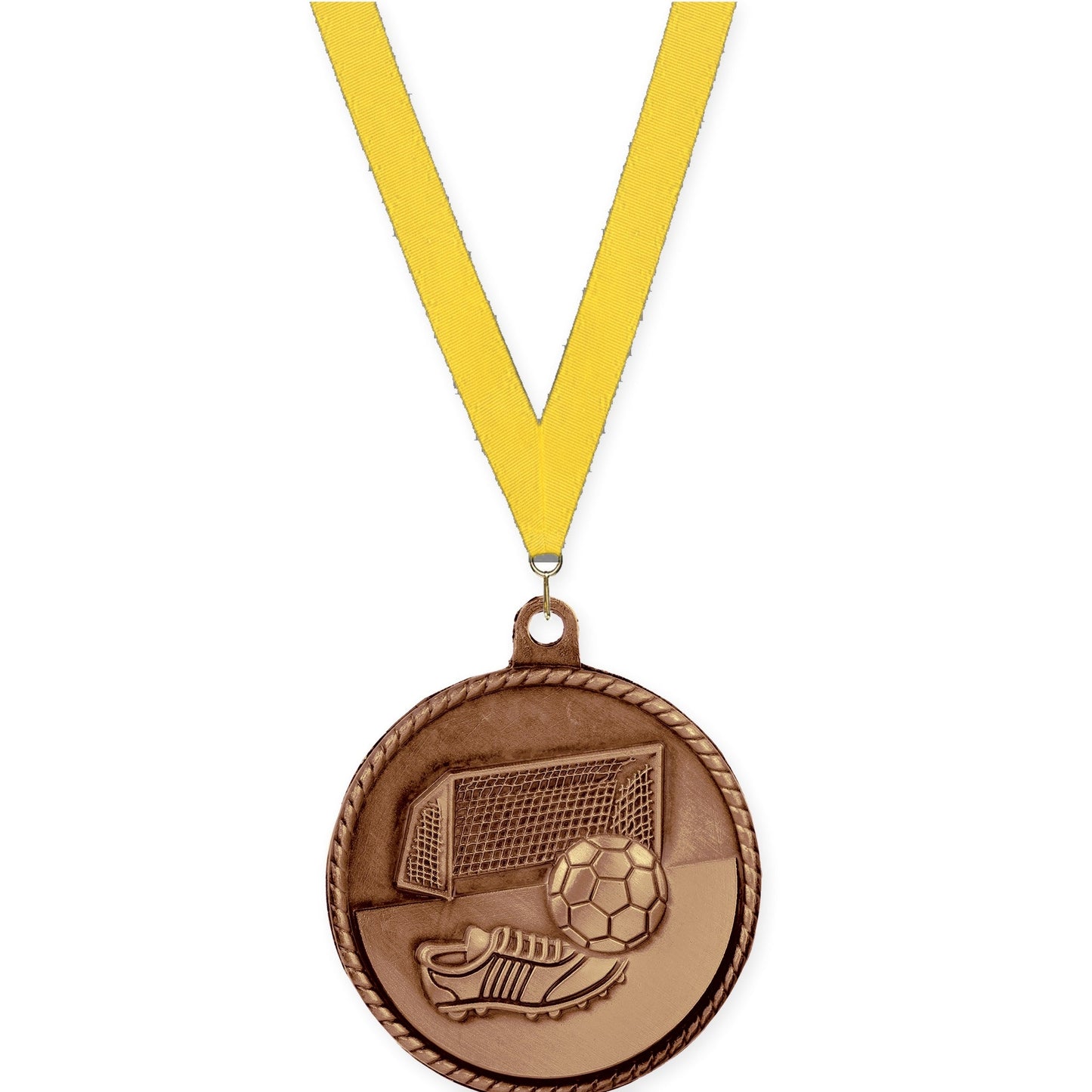 2 inch soccer High Relief medal in antique bronze with Yellow neck ribbon