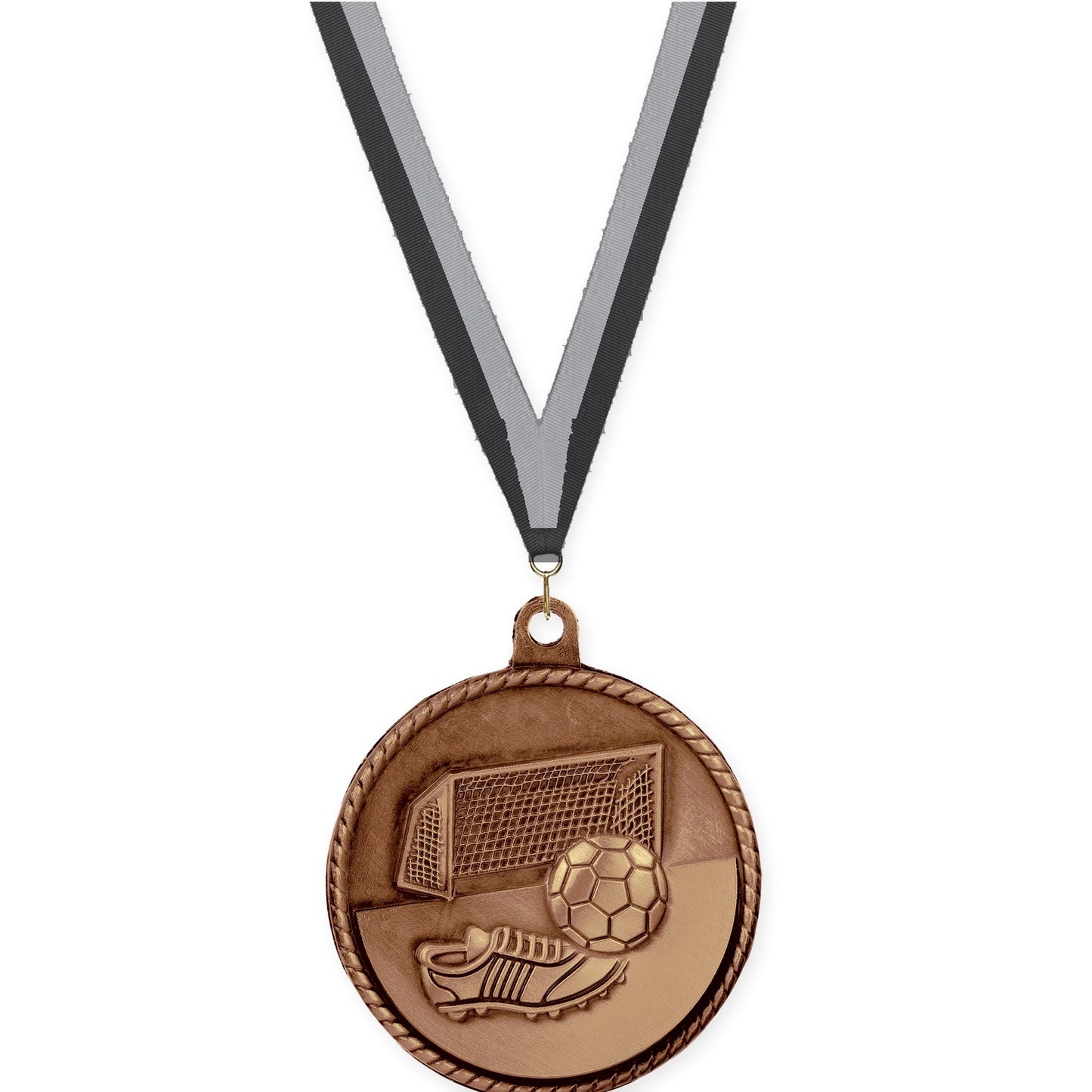 2 inch soccer High Relief medal in antique bronze with Black Gray neck ribbon
