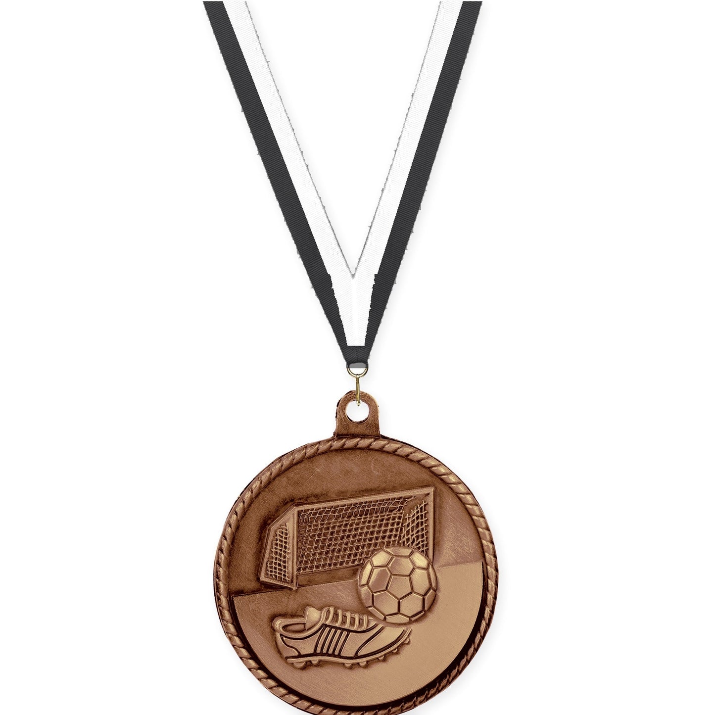 2 inch soccer High Relief medal in antique bronze with Black White neck ribbon
