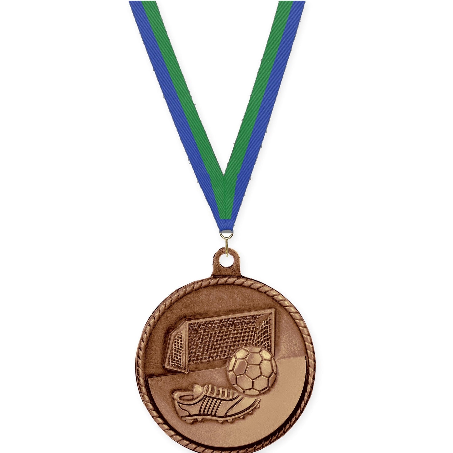 2 inch soccer High Relief medal in antique bronze with Blue Green neck ribbon