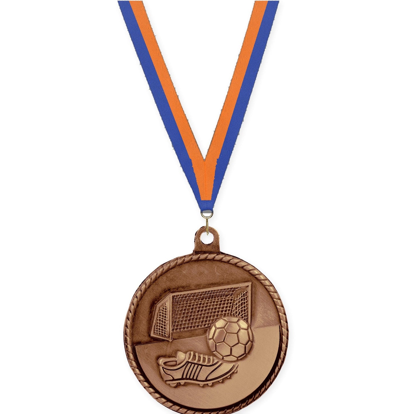 2 inch soccer High Relief medal in antique bronze with Blue Orange neck ribbon