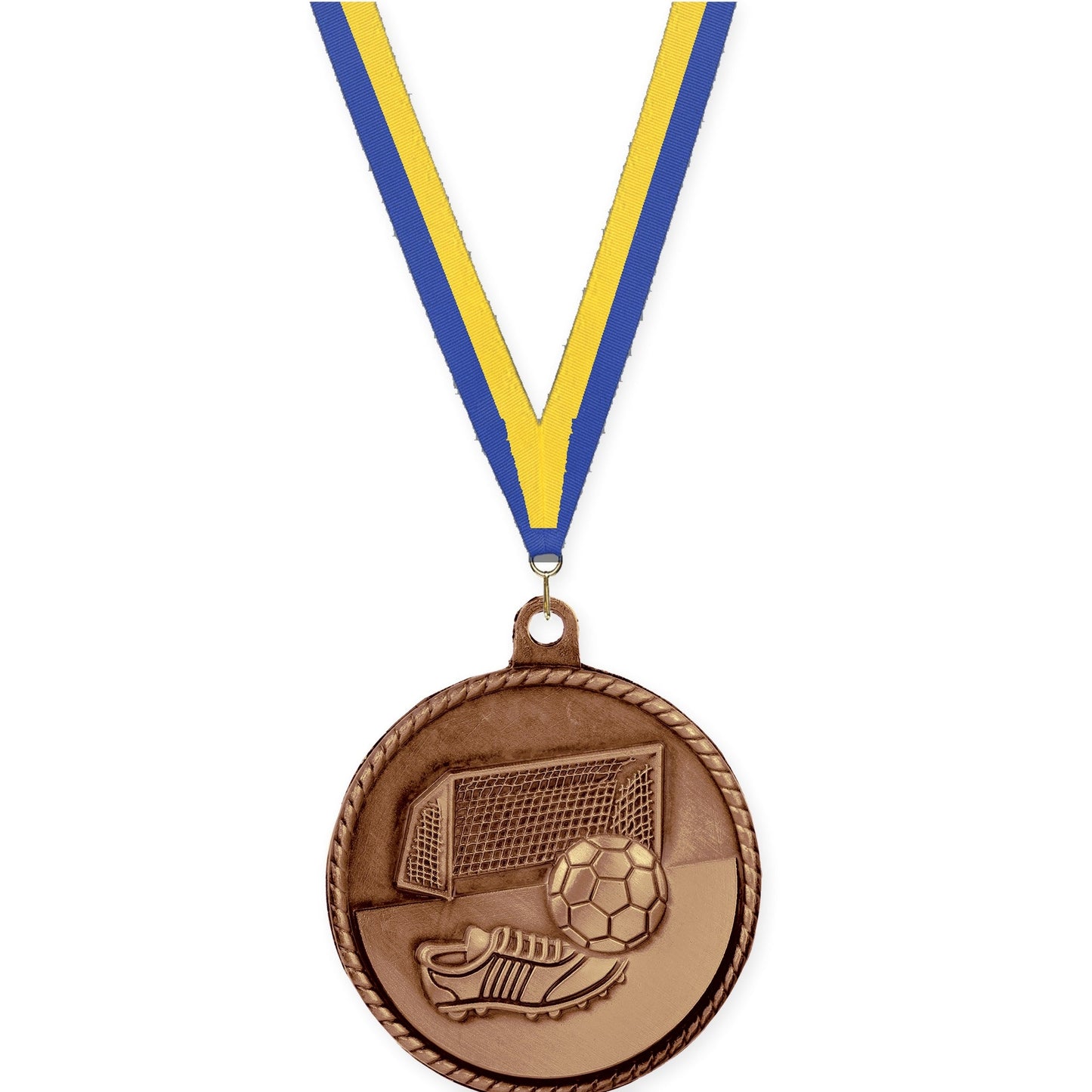 2 inch soccer High Relief medal in antique bronze with Blue Yellow neck ribbon