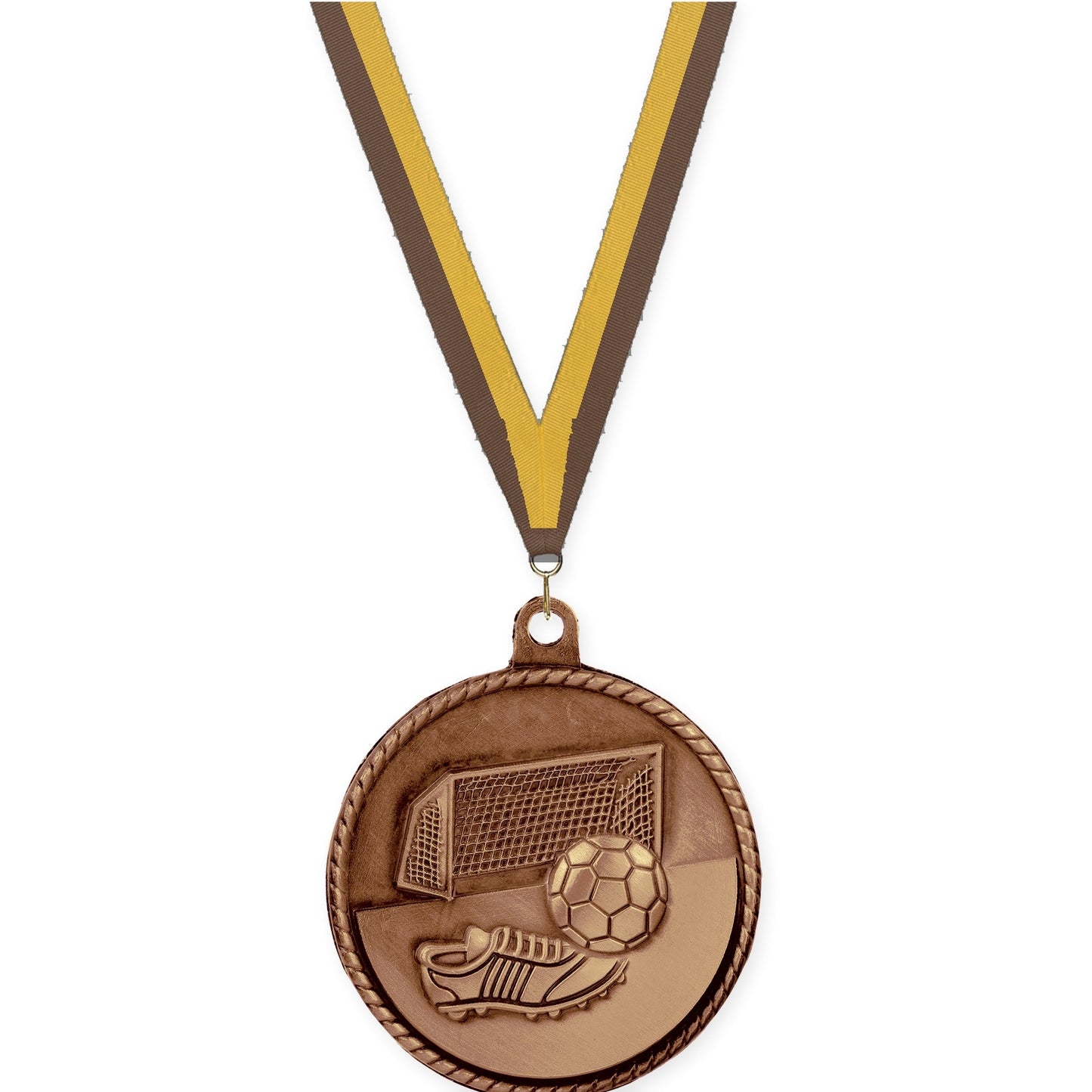 2 inch soccer High Relief medal in antique bronze with Brown Gold neck ribbon