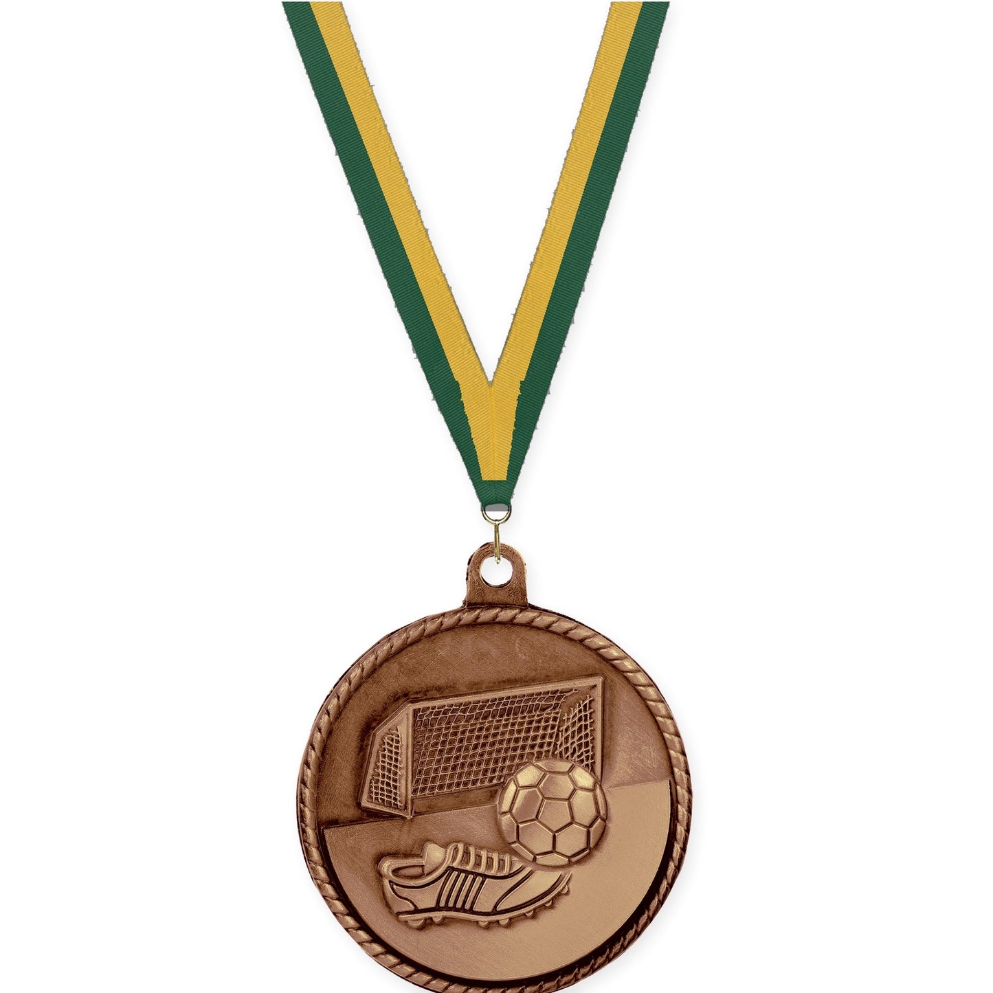 2 inch soccer High Relief medal in antique bronze with Hunter Green Gold neck ribbon