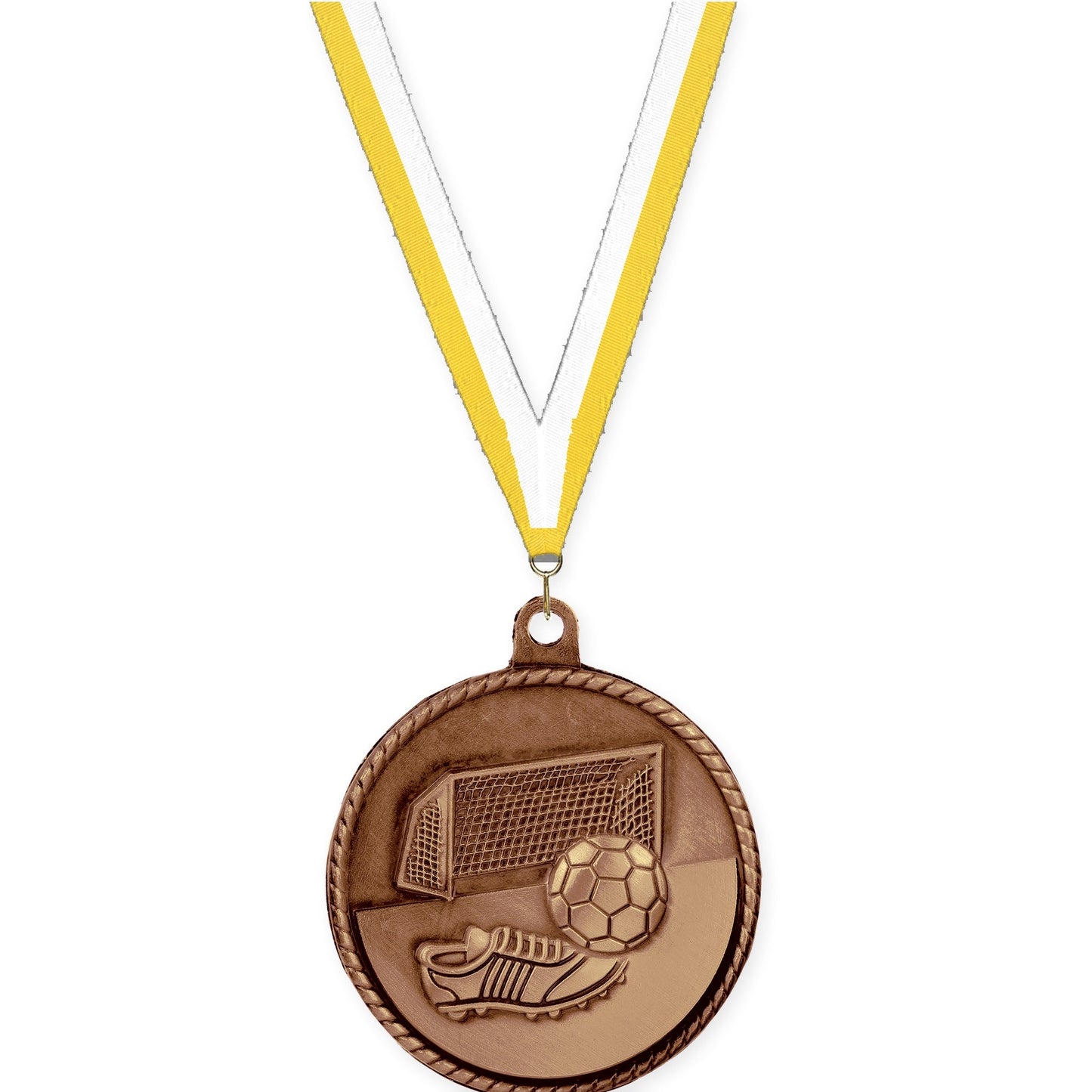 2 inch soccer High Relief medal in antique bronze with Yellow White neck ribbon