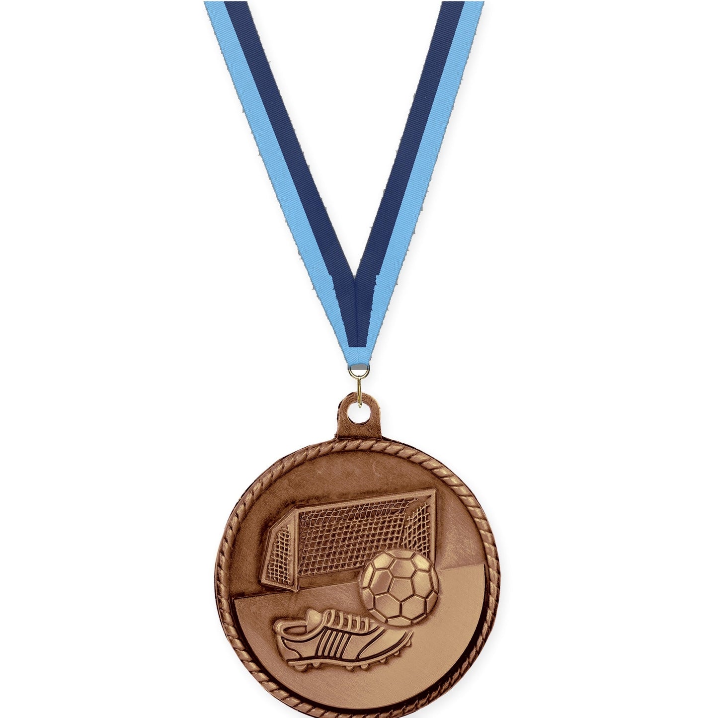 2 inch soccer High Relief medal in antique bronze with Light Blue Navy neck ribbon