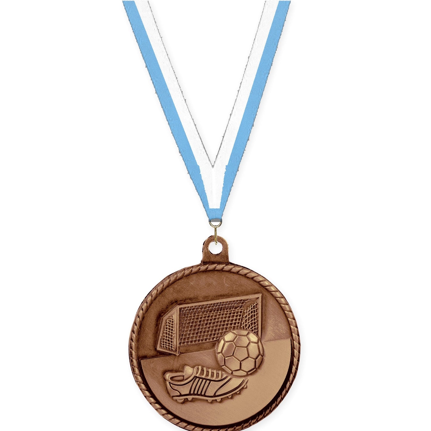 2 inch soccer High Relief medal in antique bronze with Light Blue White neck ribbon