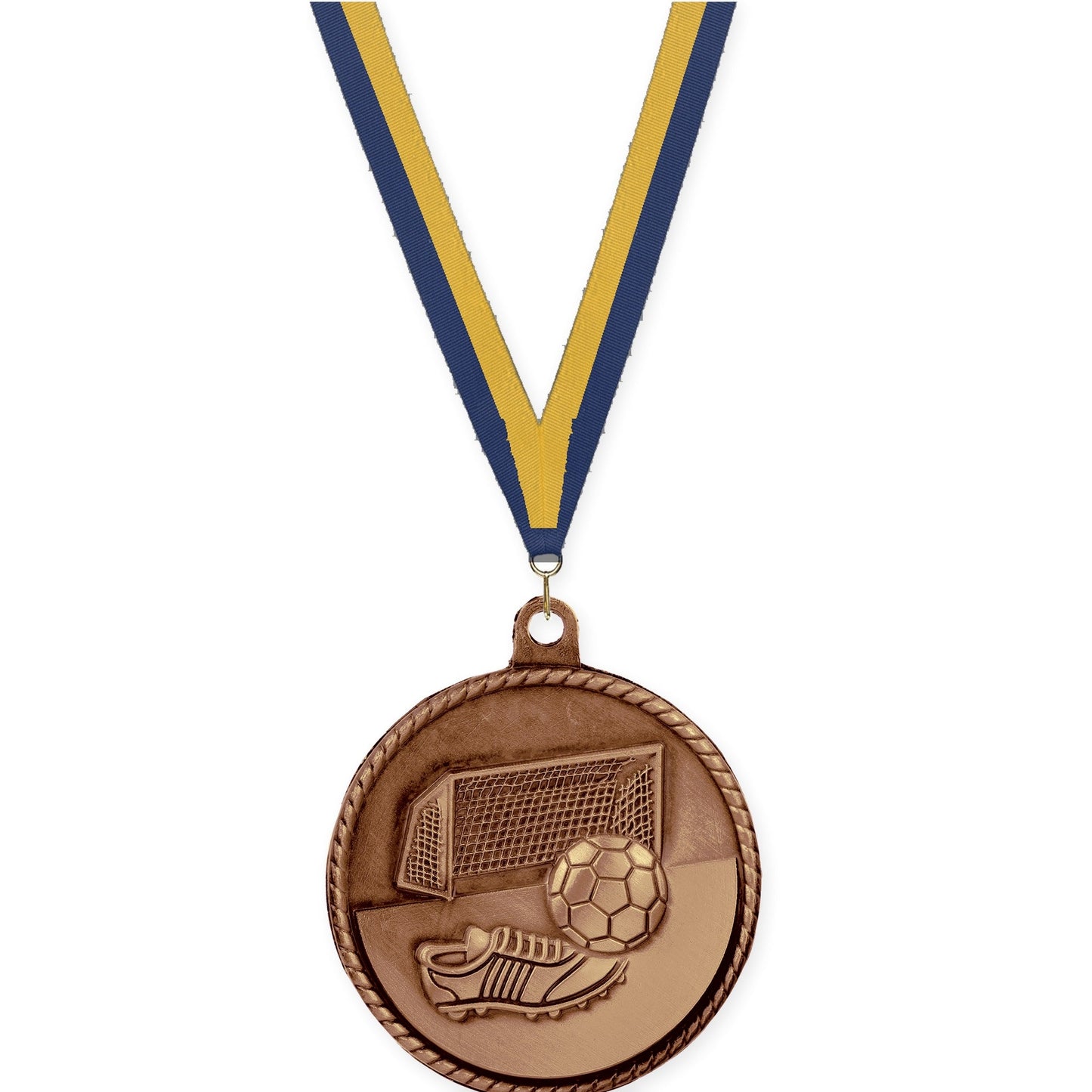 2 inch soccer High Relief medal in antique bronze with Navy Gold neck ribbon