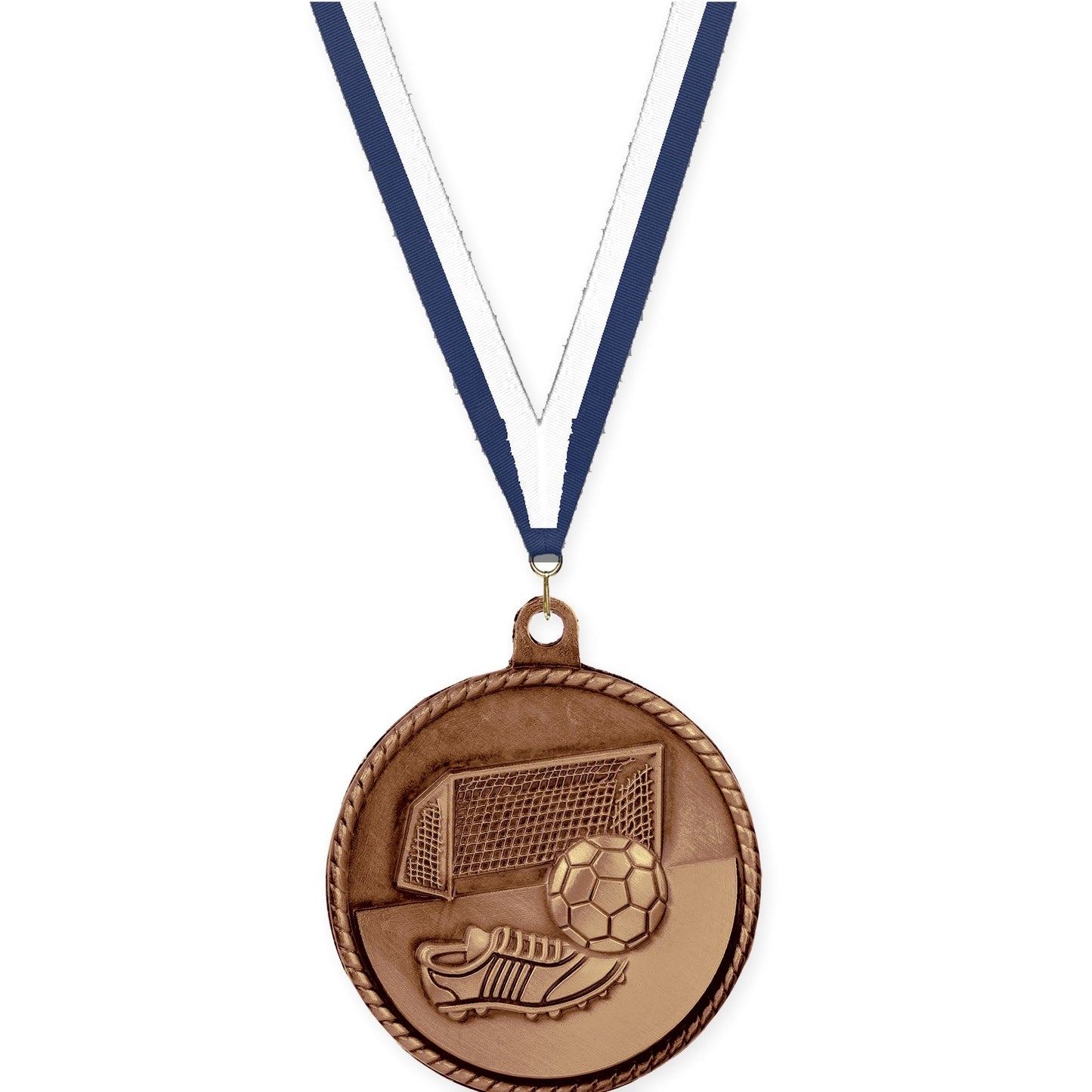2 inch soccer High Relief medal in antique bronze with Navy White neck ribbon