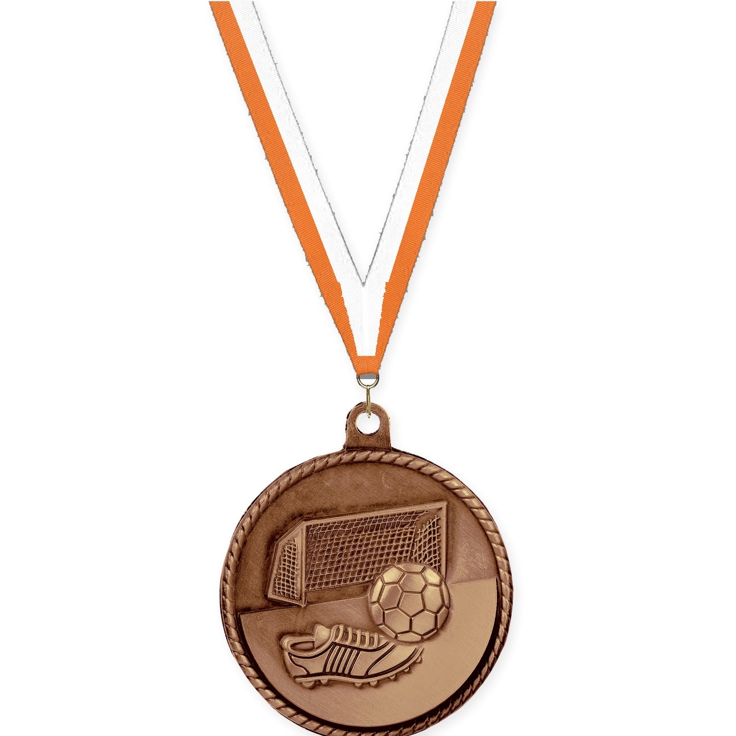 2 inch soccer High Relief medal in antique bronze with Orange White neck ribbon