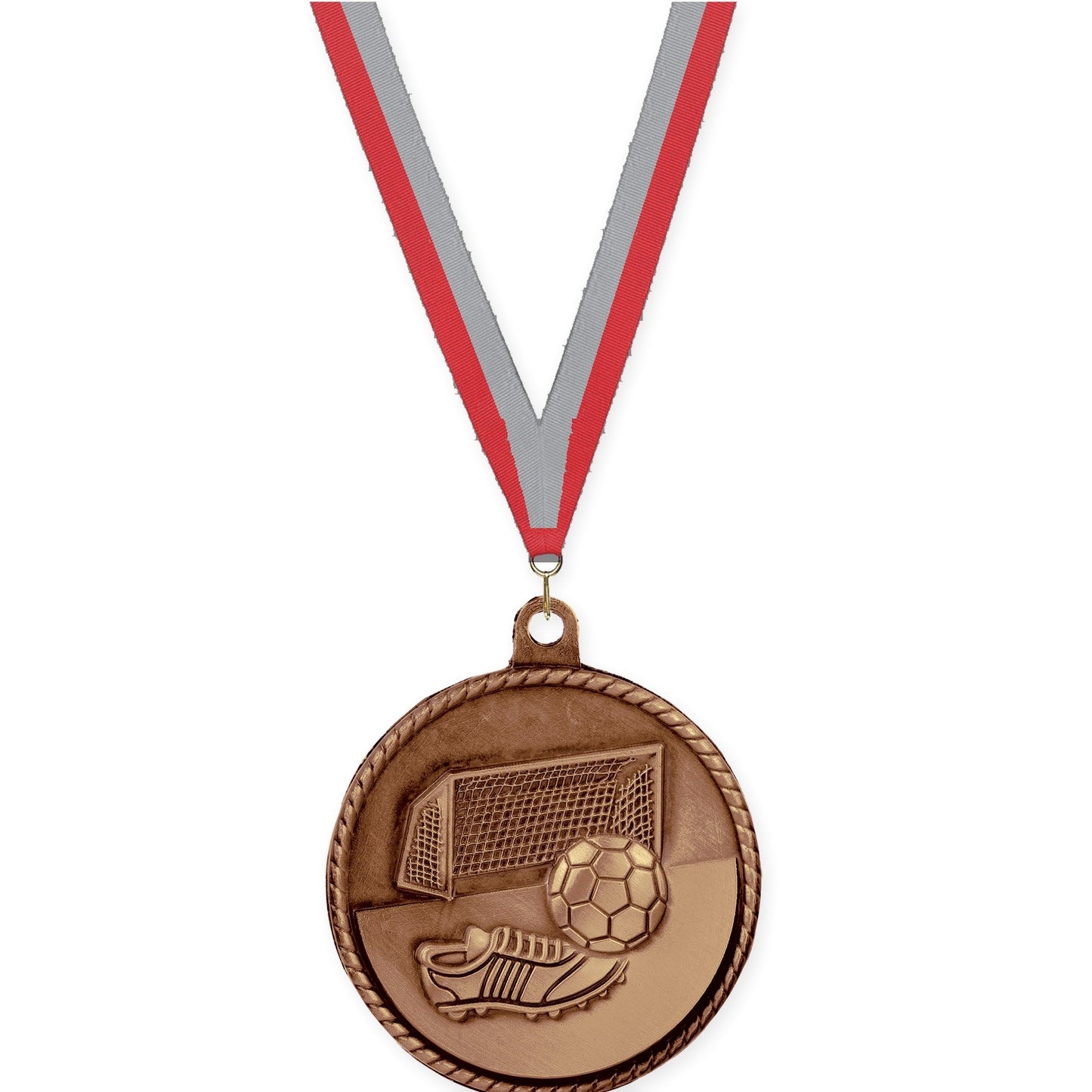 2 inch soccer High Relief medal in antique bronze with Red Gray neck ribbon