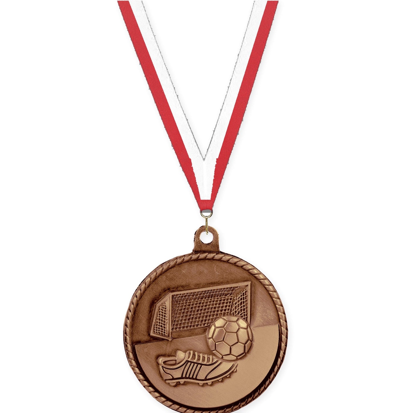 2 inch soccer High Relief medal in antique bronze with Red White neck ribbon