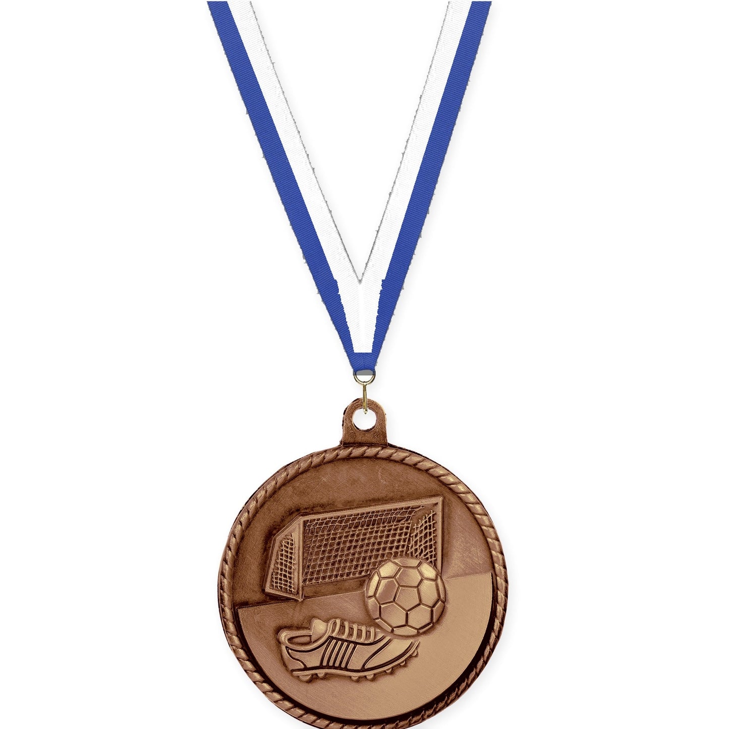 2 inch soccer High Relief medal in antique bronze with Blue White neck ribbon