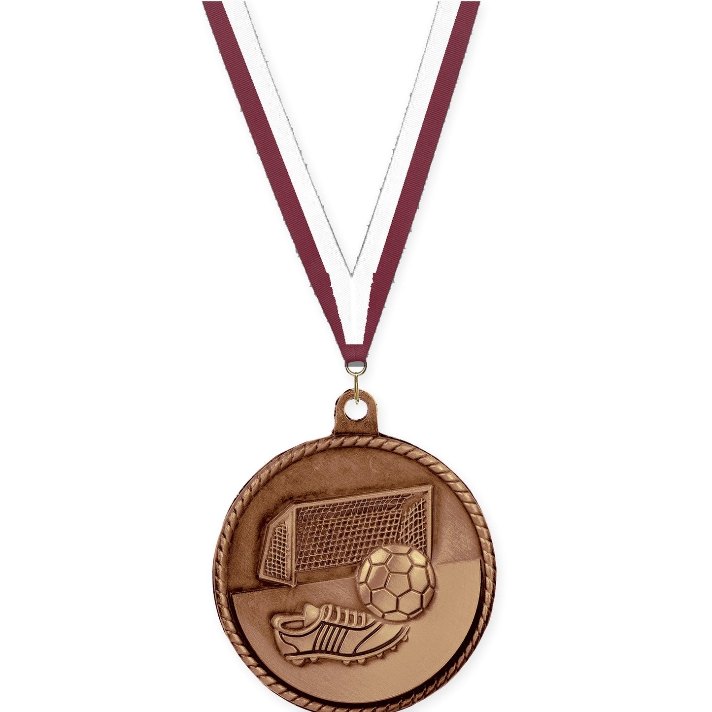 2 inch soccer High Relief medal in antique bronze with Maroon White neck ribbon