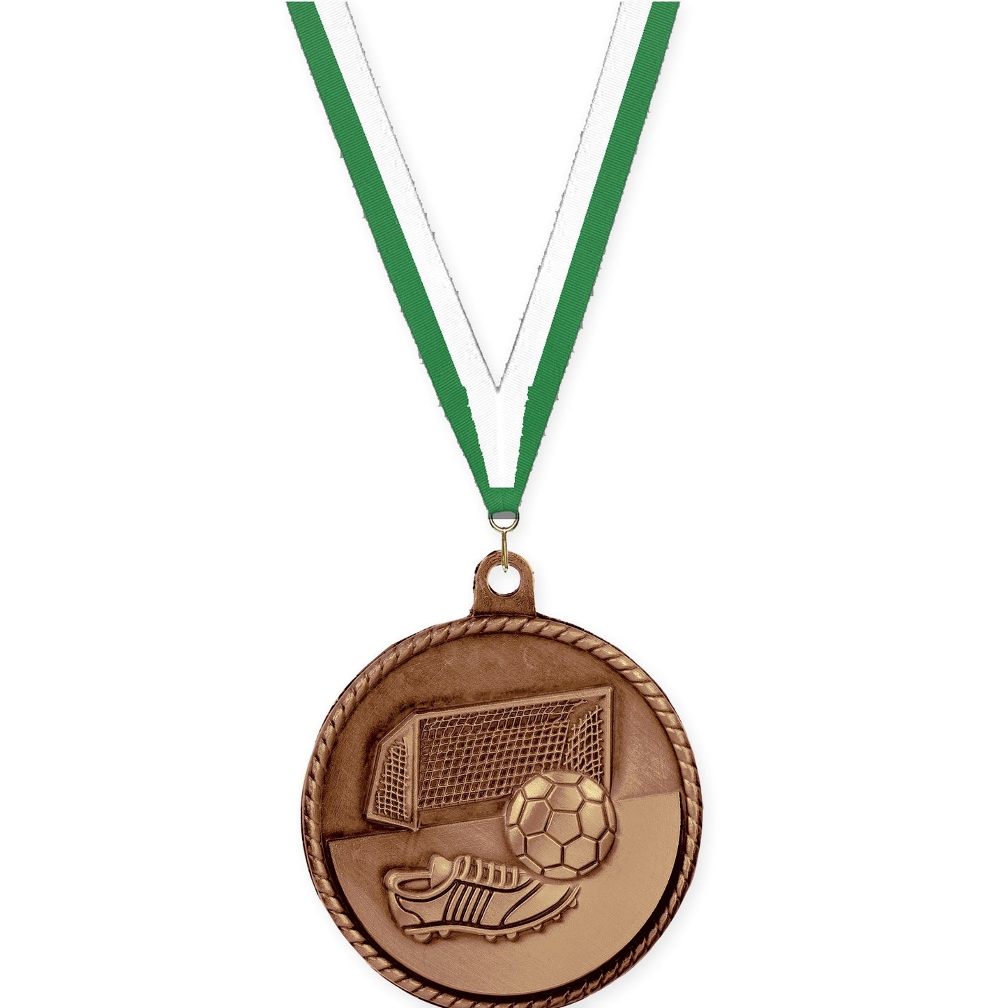 2 inch soccer High Relief medal in antique bronze with Green White neck ribbon
