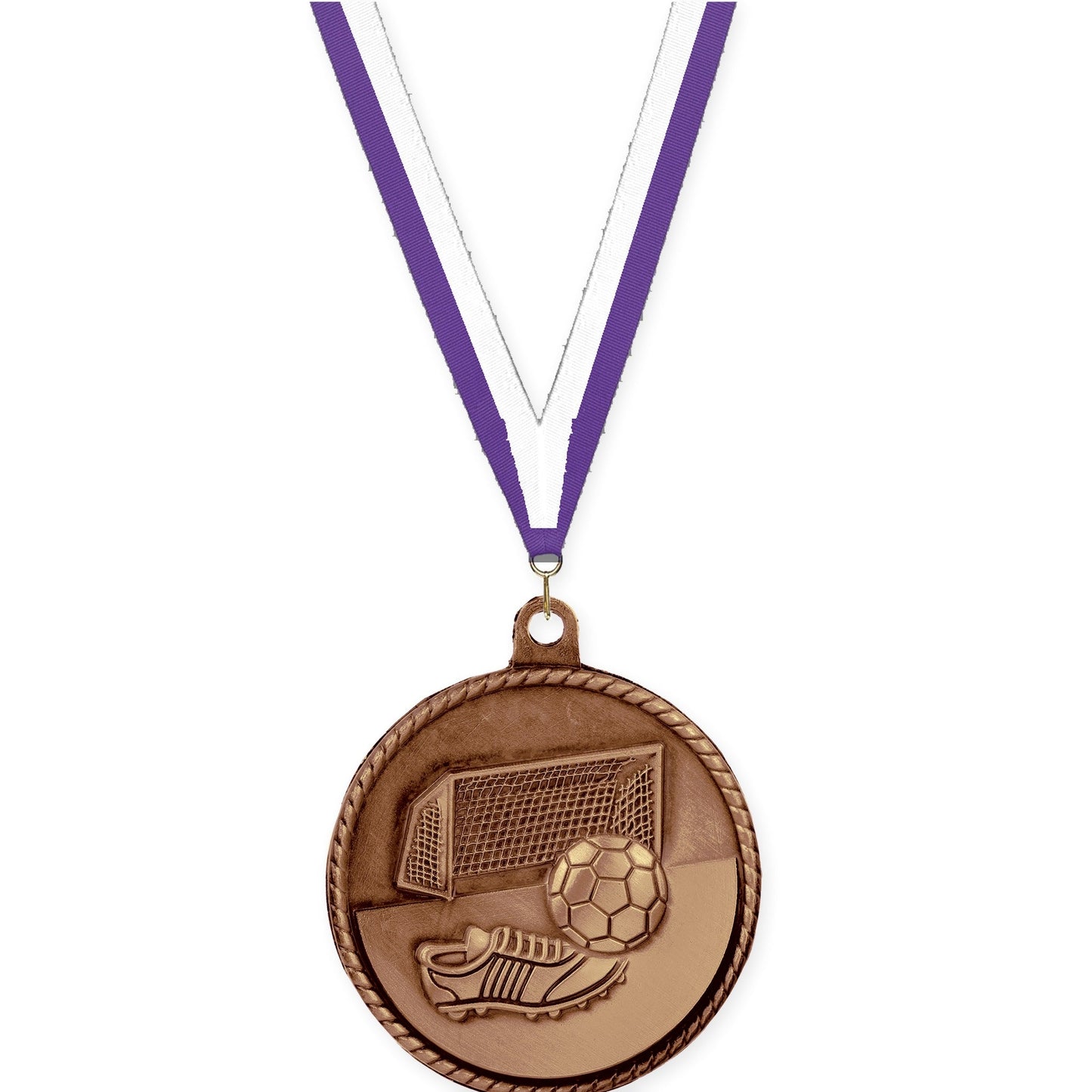 2 inch soccer High Relief medal in antique bronze with Purple White neck ribbon