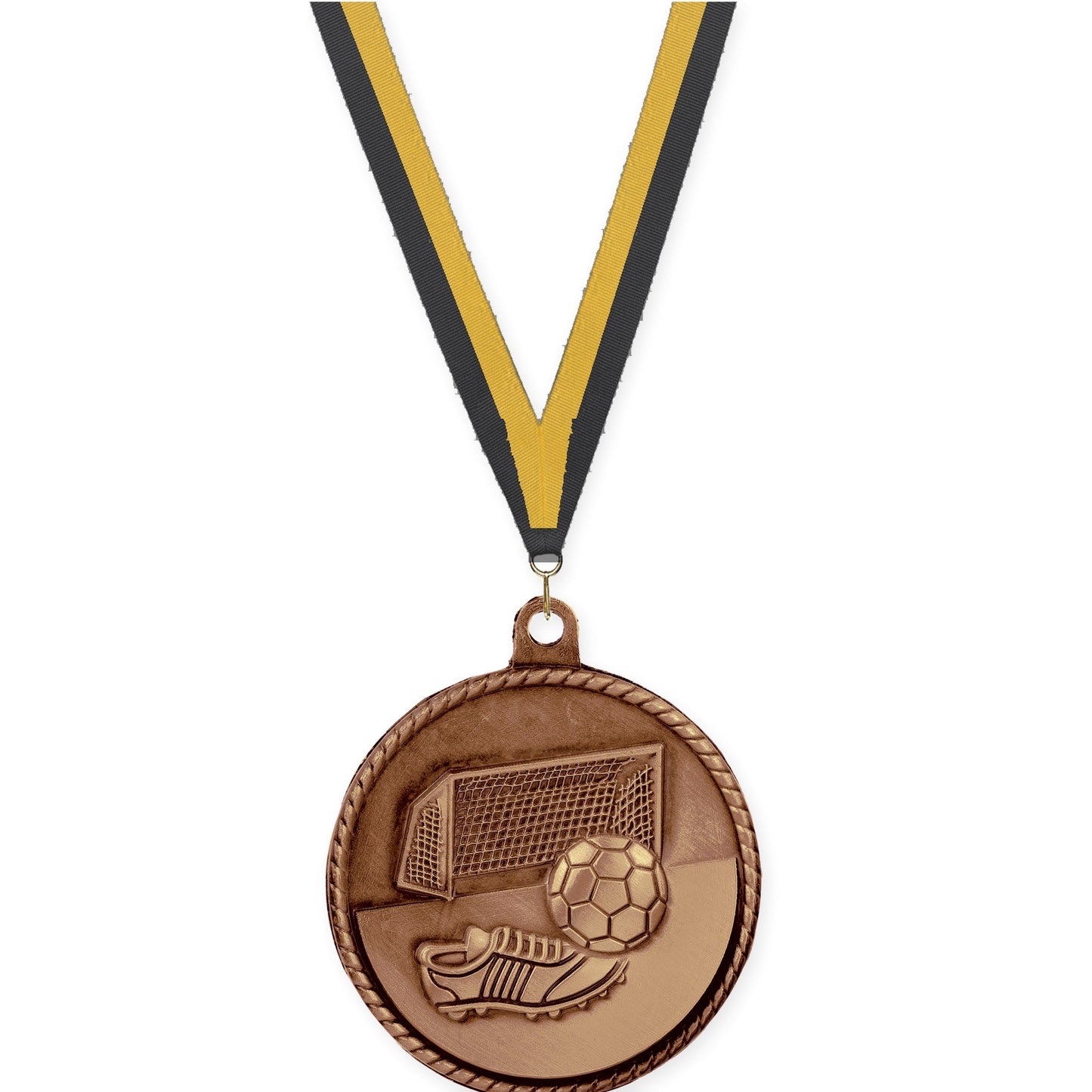 2 inch soccer High Relief medal in antique bronze with Black Gold neck ribbon