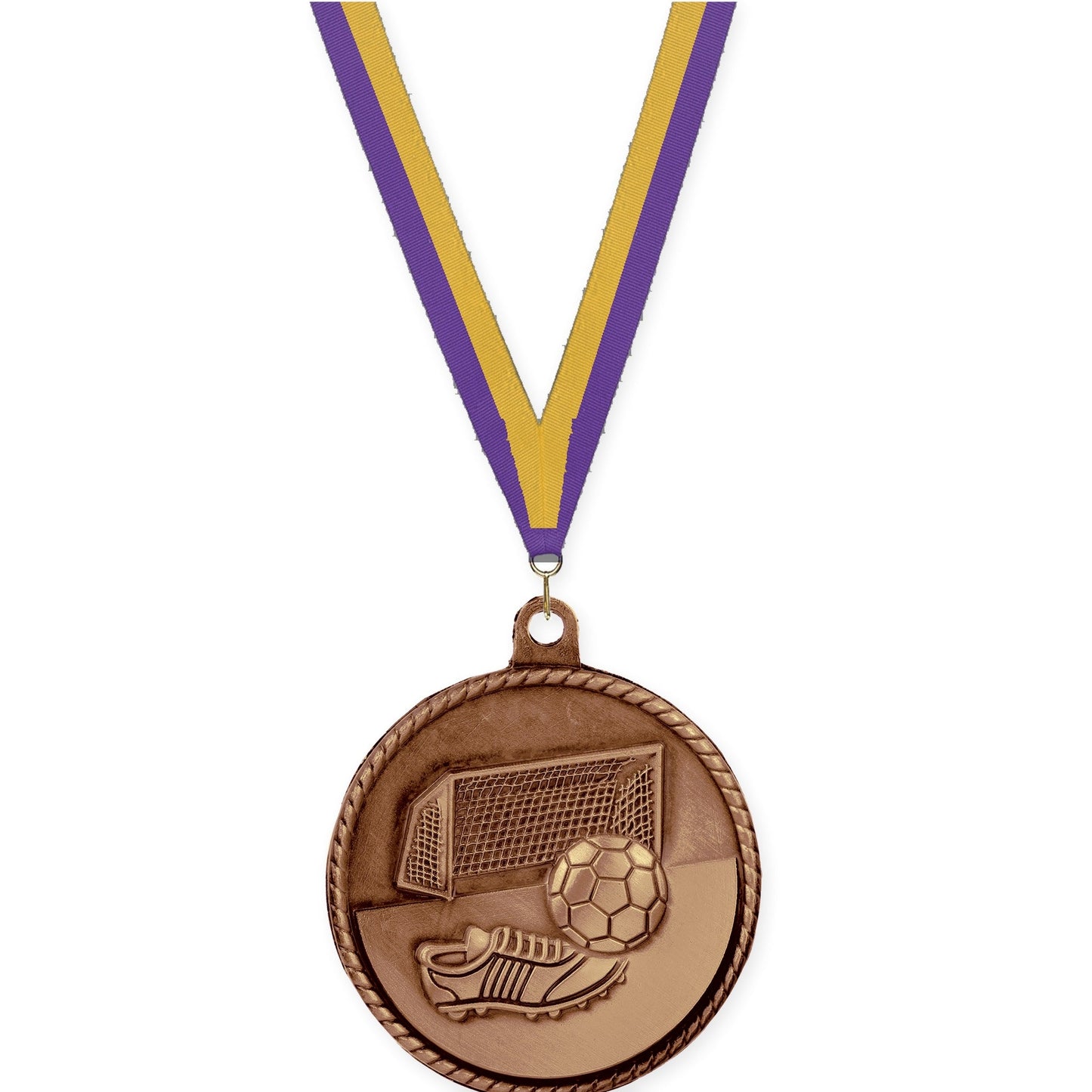 2 inch soccer High Relief medal in antique bronze with Purple Gold neck ribbon