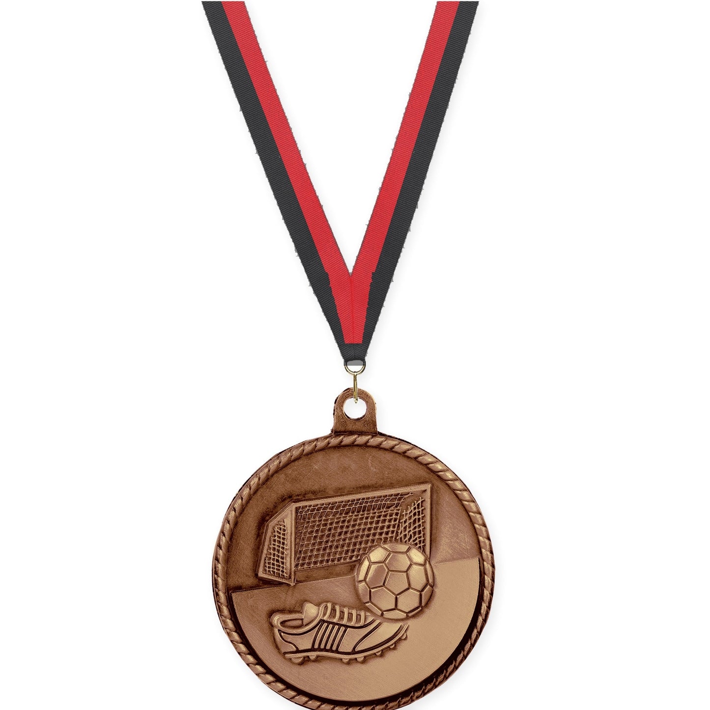2 inch soccer High Relief medal in antique bronze with Black Red neck ribbon