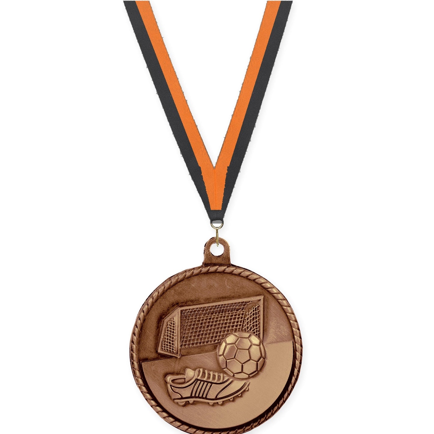 2 inch soccer High Relief medal in antique bronze with Black Orange neck ribbon