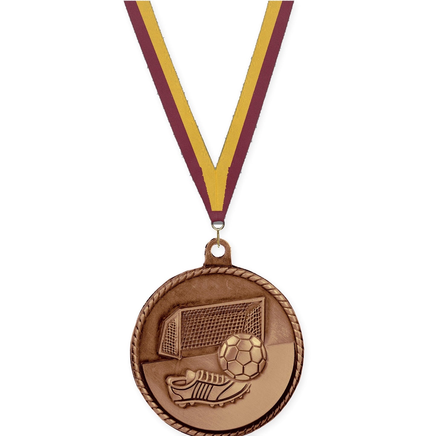 2 inch soccer High Relief medal in antique bronze with Maroon Gold neck ribbon