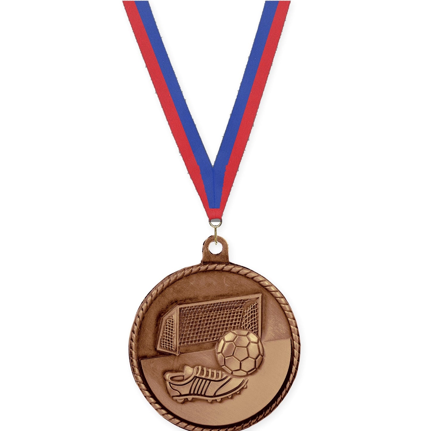 2 inch soccer High Relief medal in antique bronze with Blue Red neck ribbon