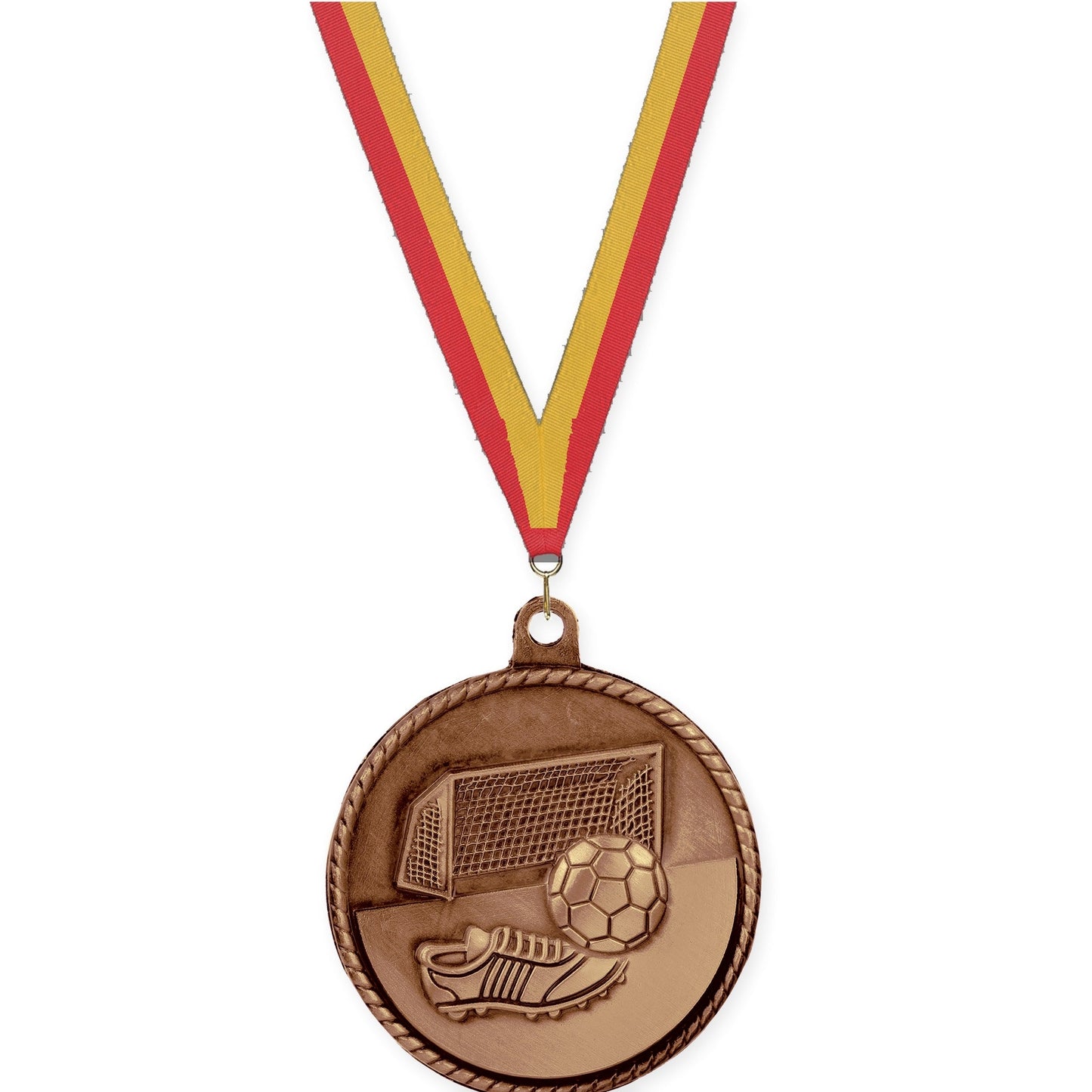 2 inch soccer High Relief medal in antique bronze with Red Gold neck ribbon