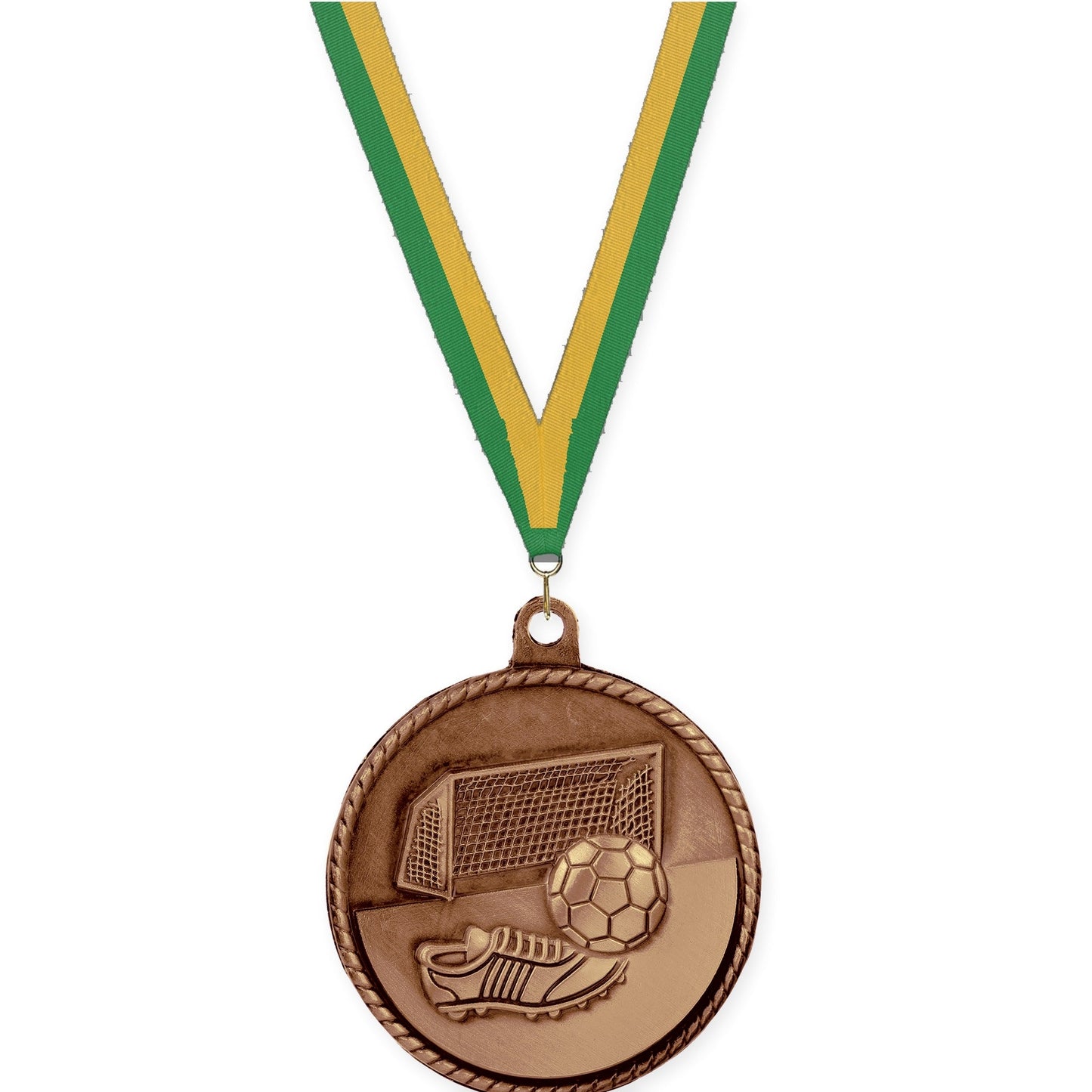 2 inch soccer High Relief medal in antique bronze with Green Gold neck ribbon
