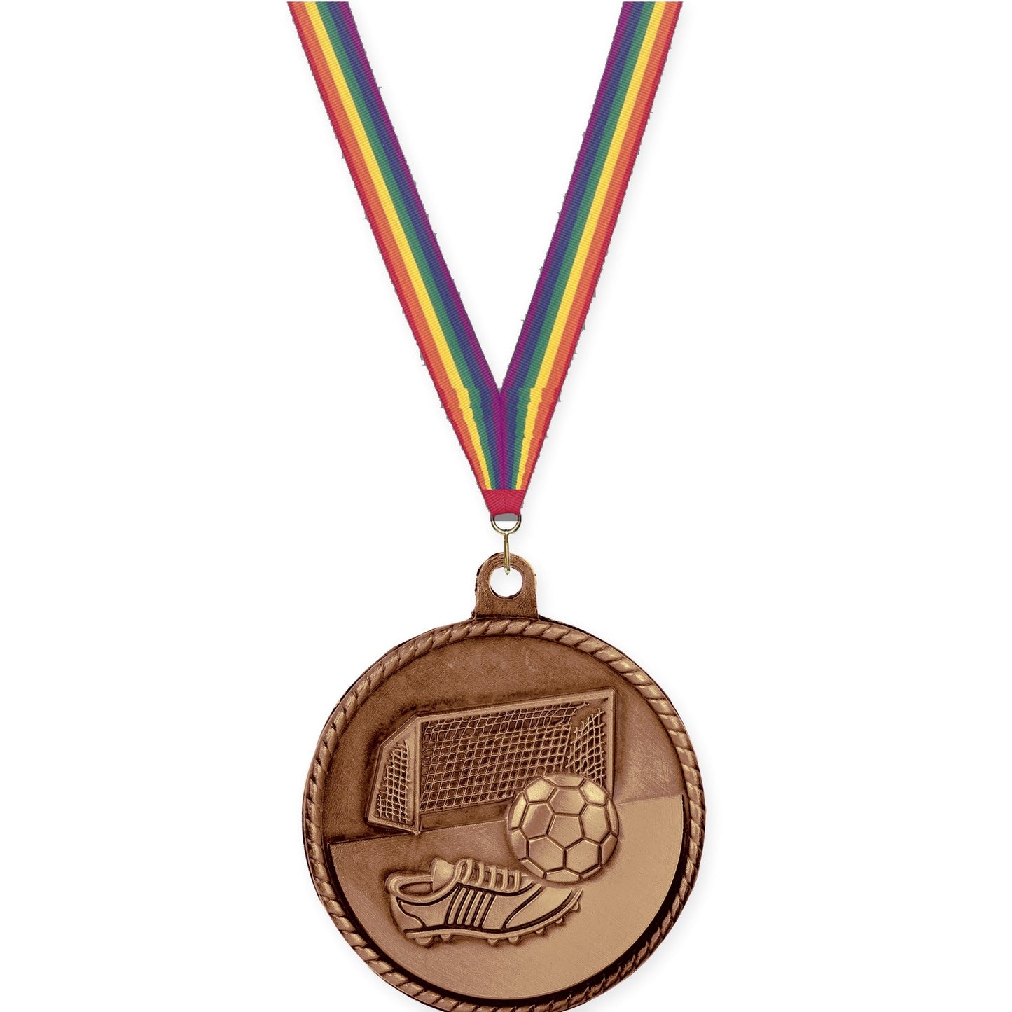 2 inch soccer High Relief medal in antique bronze with Rainbow neck ribbon