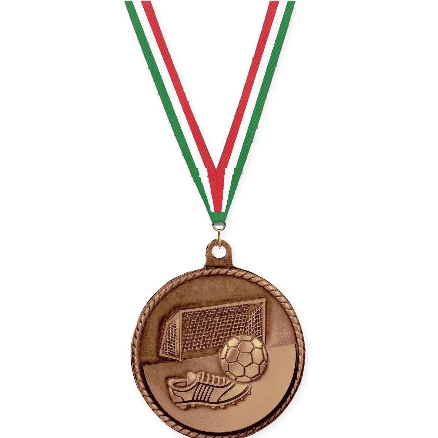 2 inch soccer High Relief medal in antique bronze with Green White Red neck ribbon