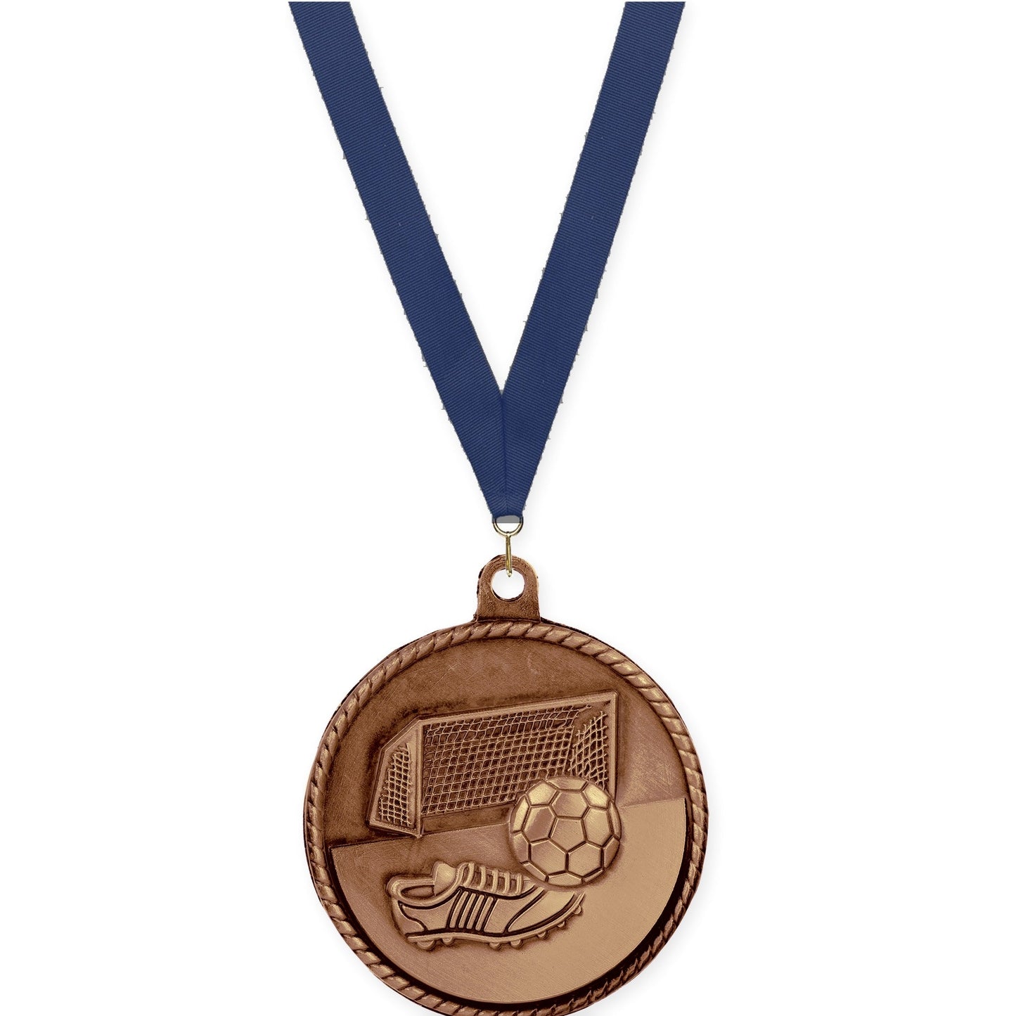 2 inch soccer High Relief medal in antique bronze with Navy neck ribbon