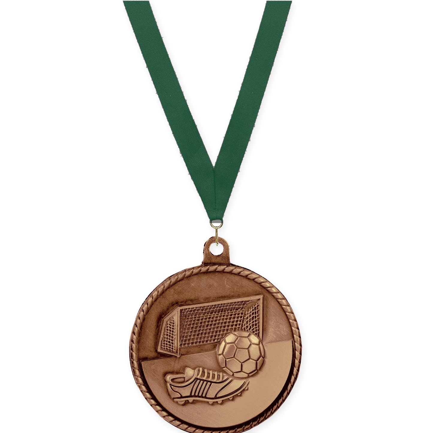 2 inch soccer High Relief medal in antique bronze with Hunter Green neck ribbon