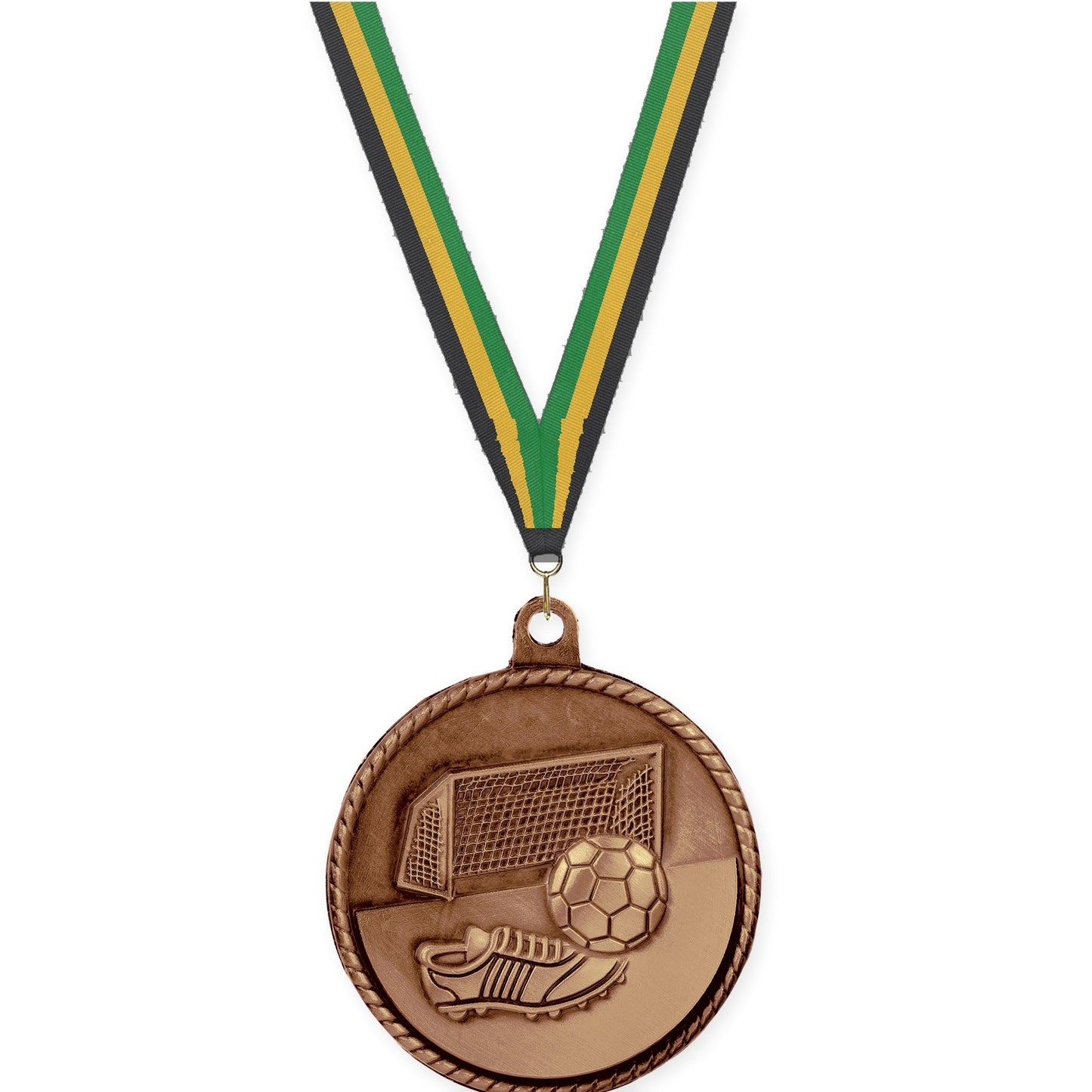 2 inch soccer High Relief medal in antique bronze with Black Gold Green neck ribbon