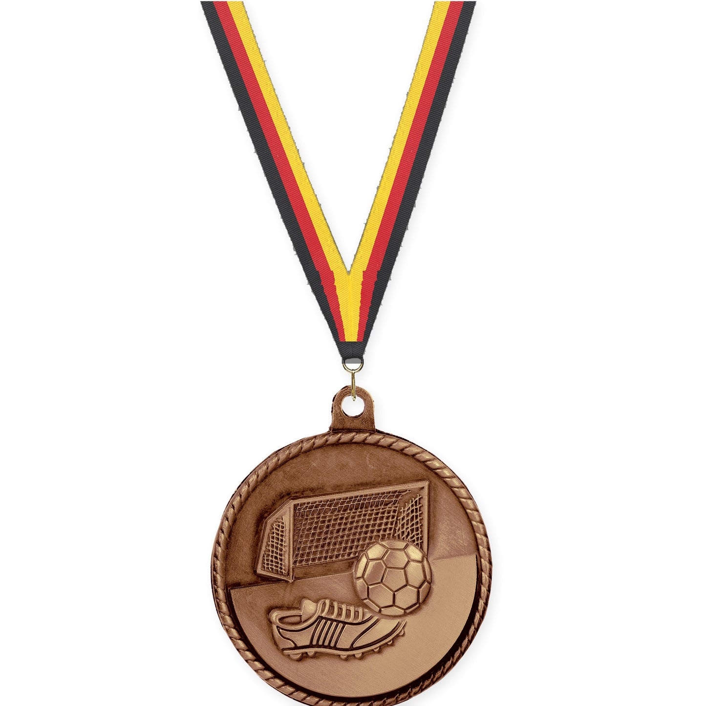 2 inch soccer High Relief medal in antique bronze with Black Red Yellow neck ribbon