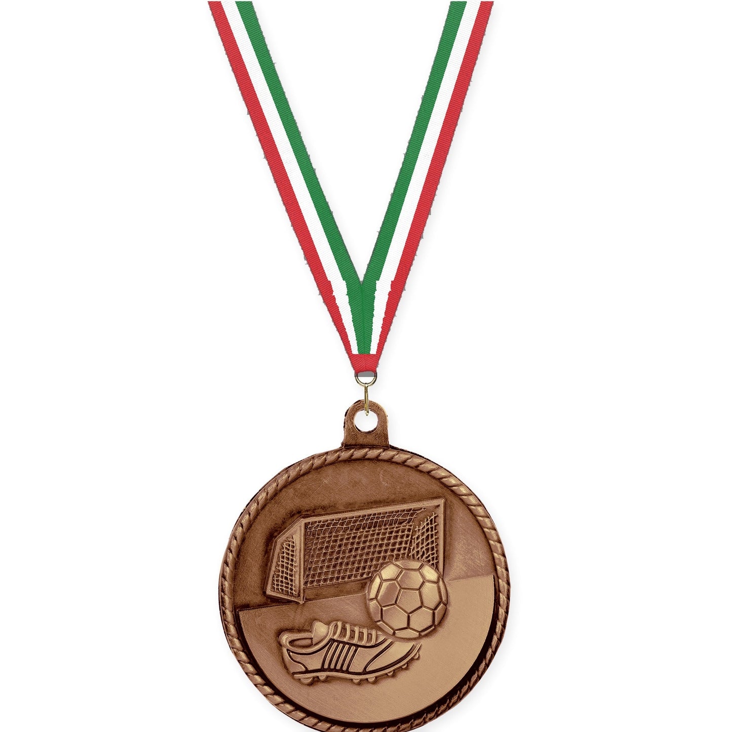 2 inch soccer High Relief medal in antique bronze with Red White Green neck ribbon