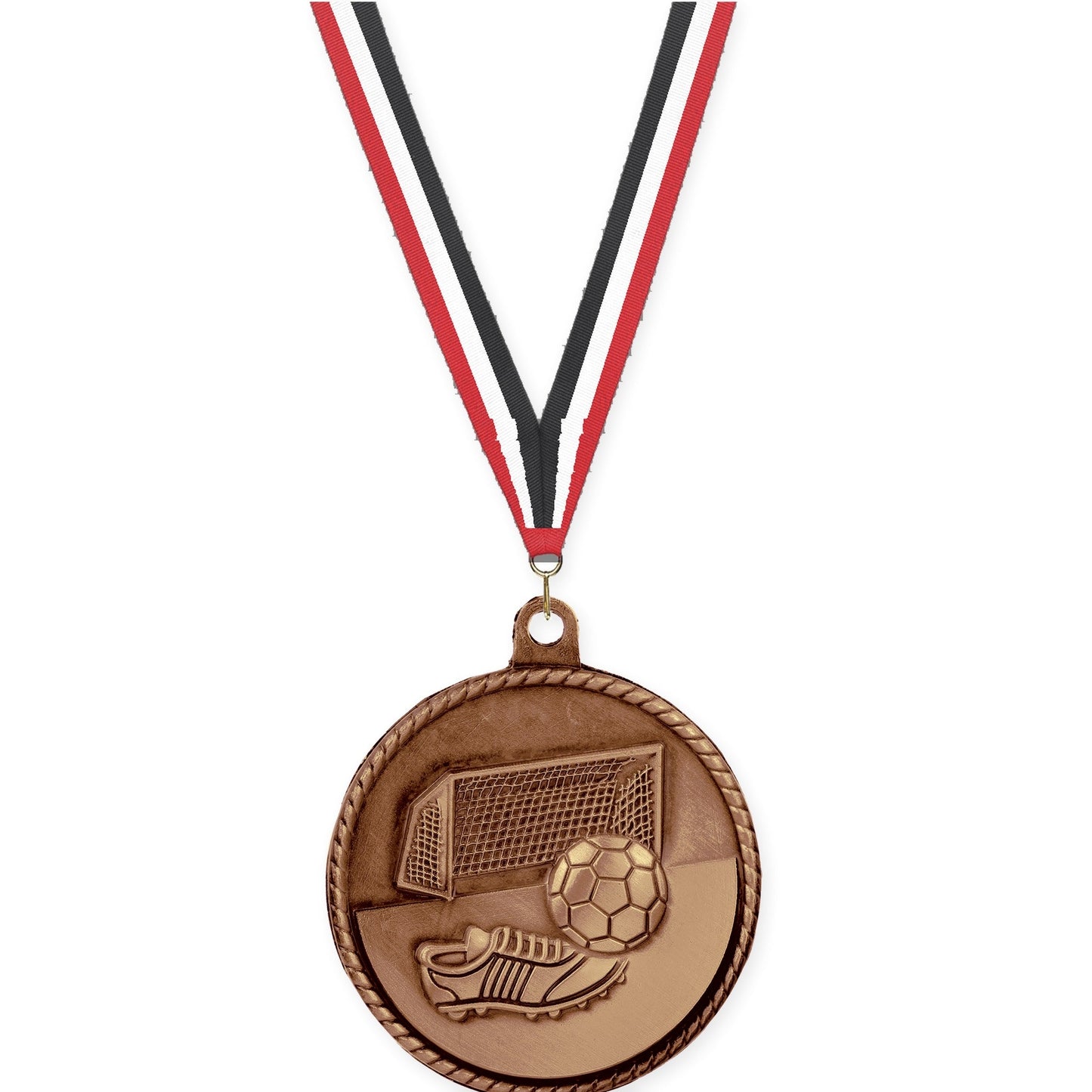 2 inch soccer High Relief medal in antique bronze with Red White Black neck ribbon