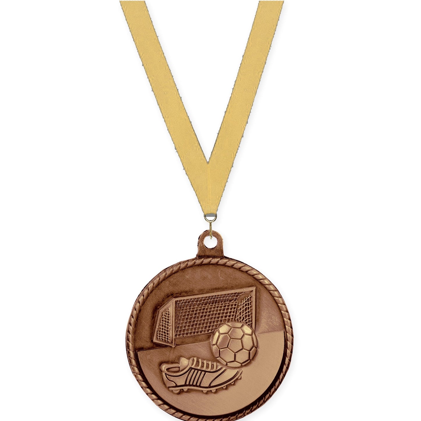 2 inch soccer High Relief medal in antique bronze with Gold Metallic neck ribbon