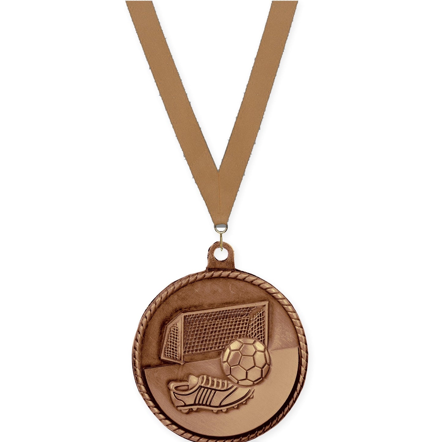 2 inch soccer High Relief medal in antique bronze with Bronze Metallic neck ribbon