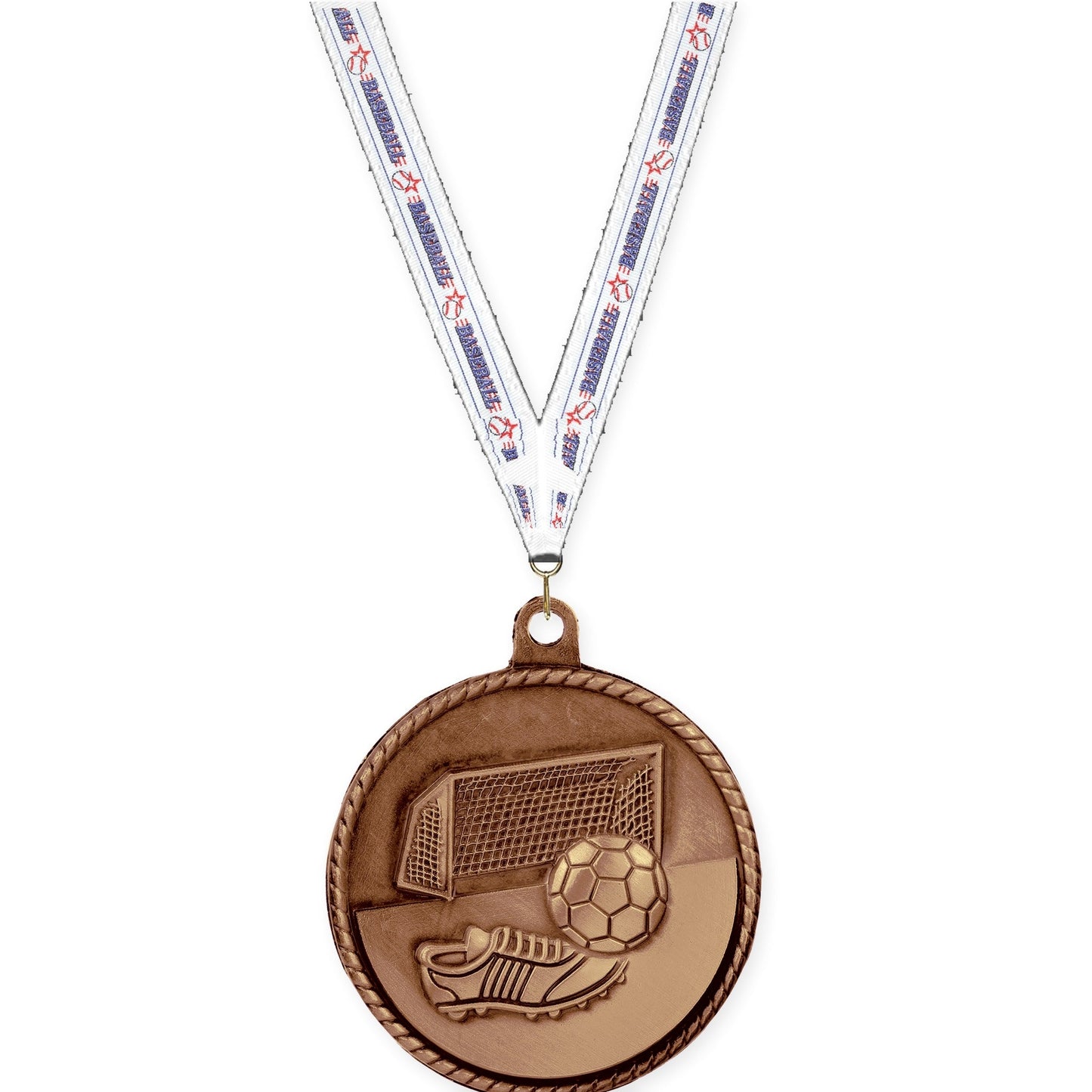 2 inch soccer High Relief medal in antique bronze with Baseball neck ribbon