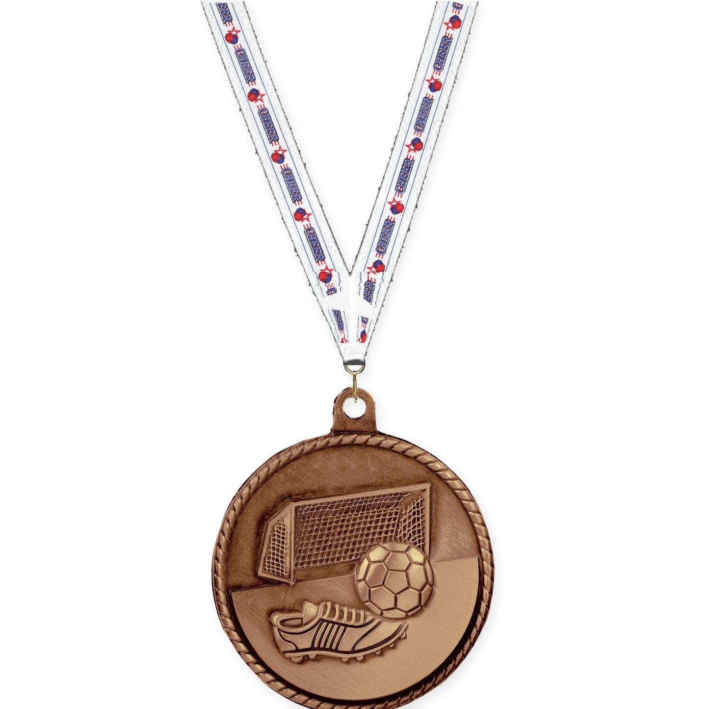 2 inch soccer High Relief medal in antique bronze with Cheerleading neck ribbon