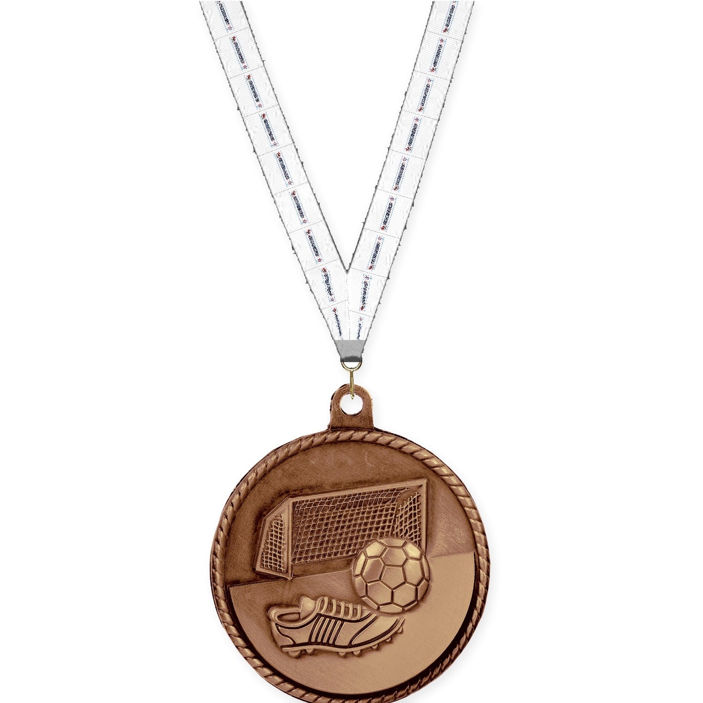 2 inch soccer High Relief medal in antique bronze with Gymnastics neck ribbon