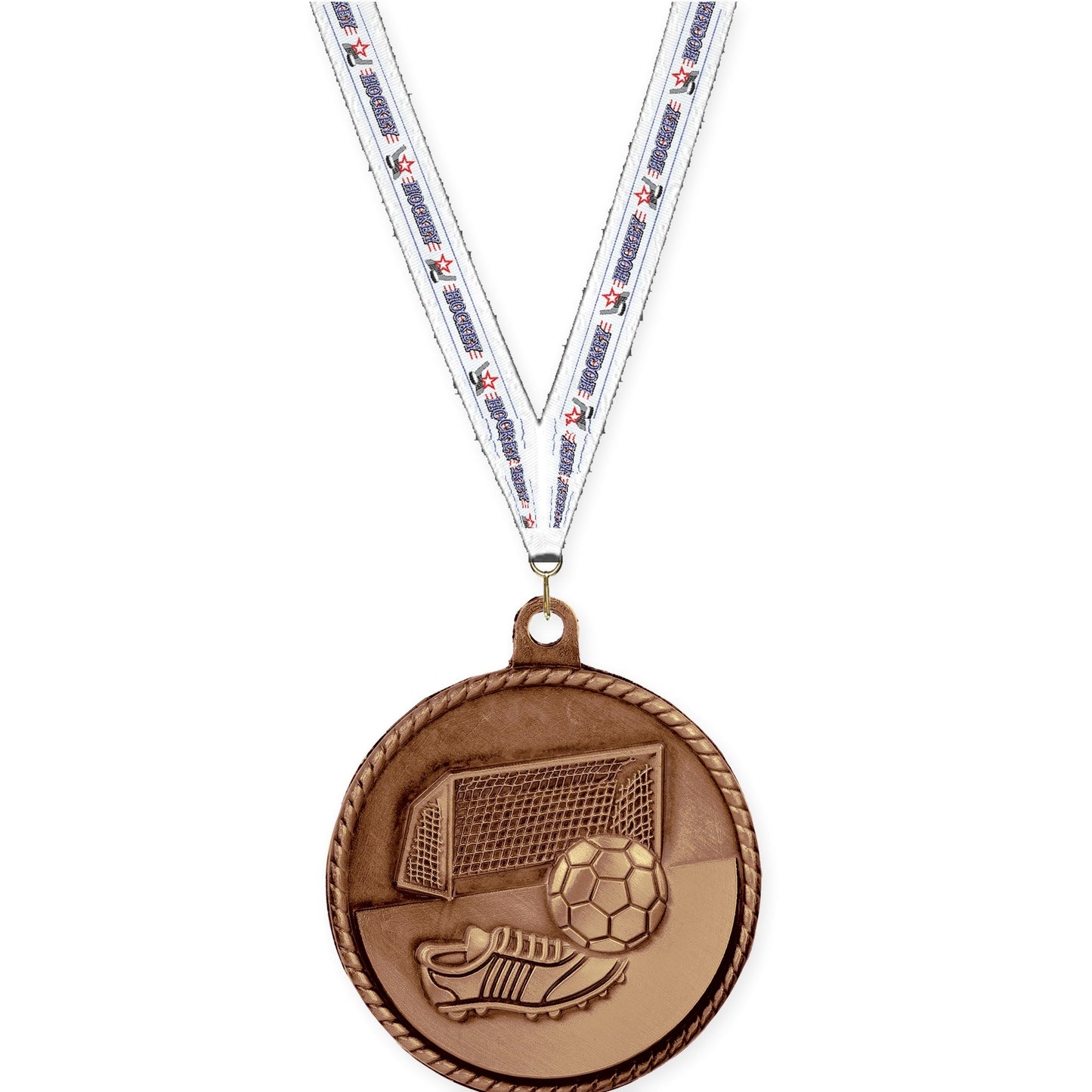 2 inch soccer High Relief medal in antique bronze with Hockey neck ribbon