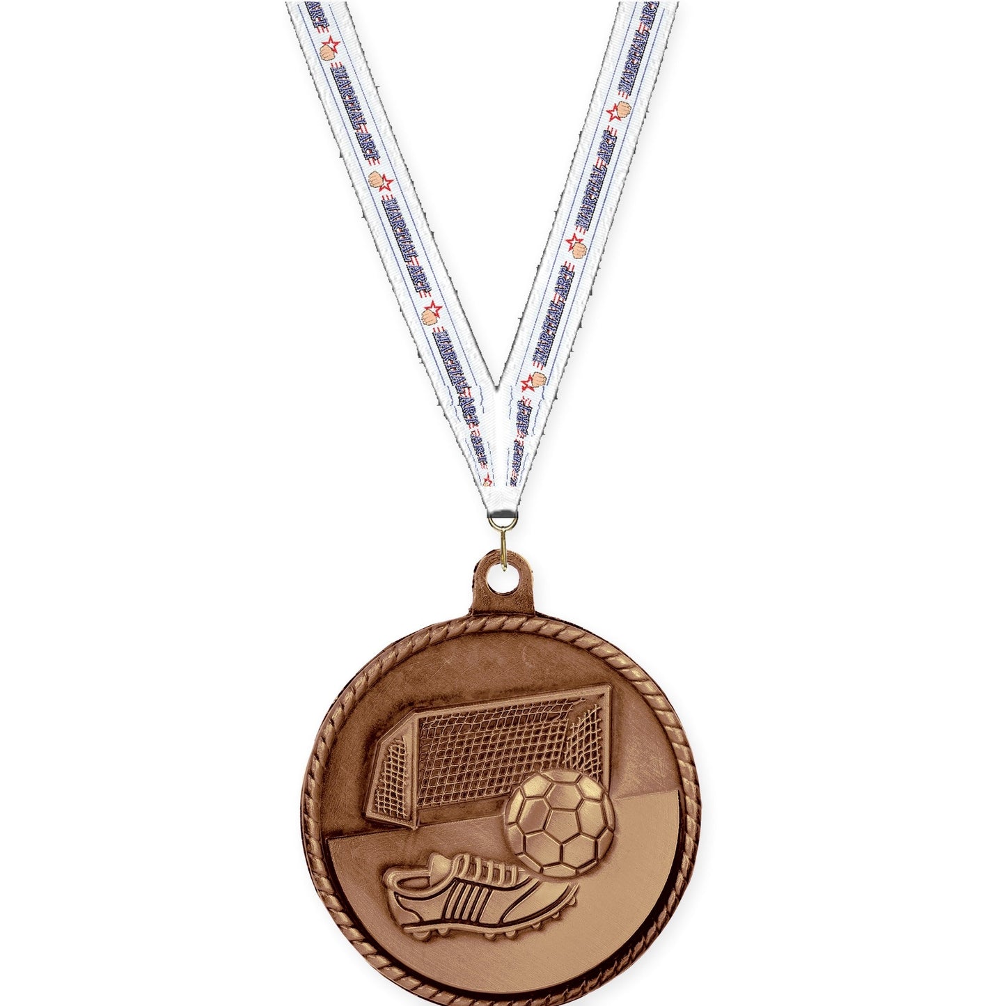 2 inch soccer High Relief medal in antique bronze with Martial Arts neck ribbon