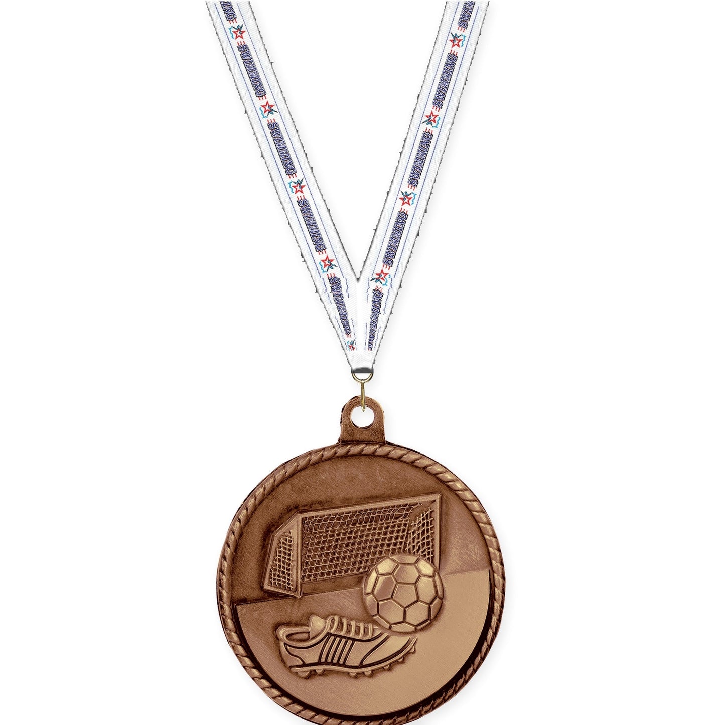 2 inch soccer High Relief medal in antique bronze with Swimming neck ribbon