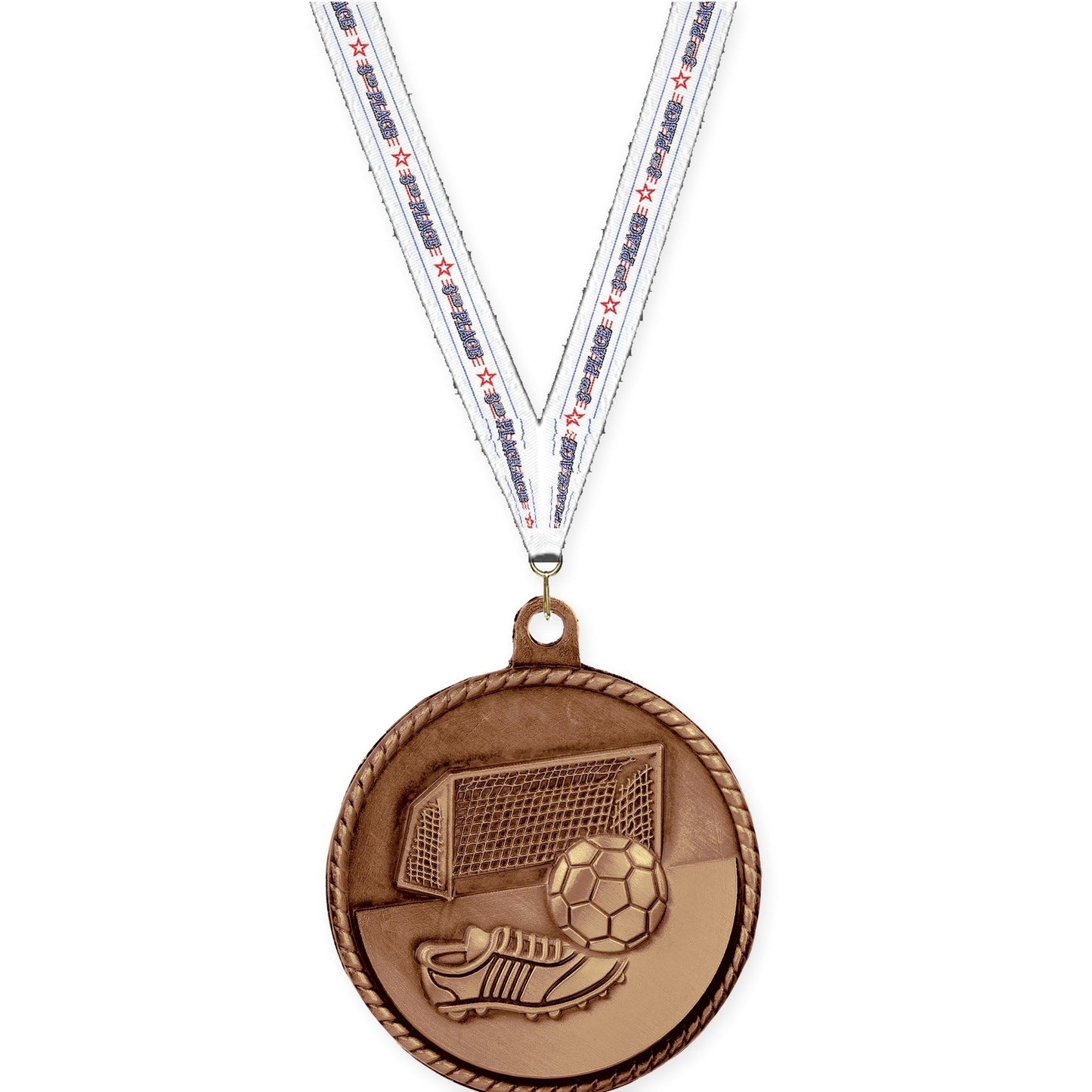 2 inch soccer High Relief medal in antique bronze with 3rd Place neck ribbon