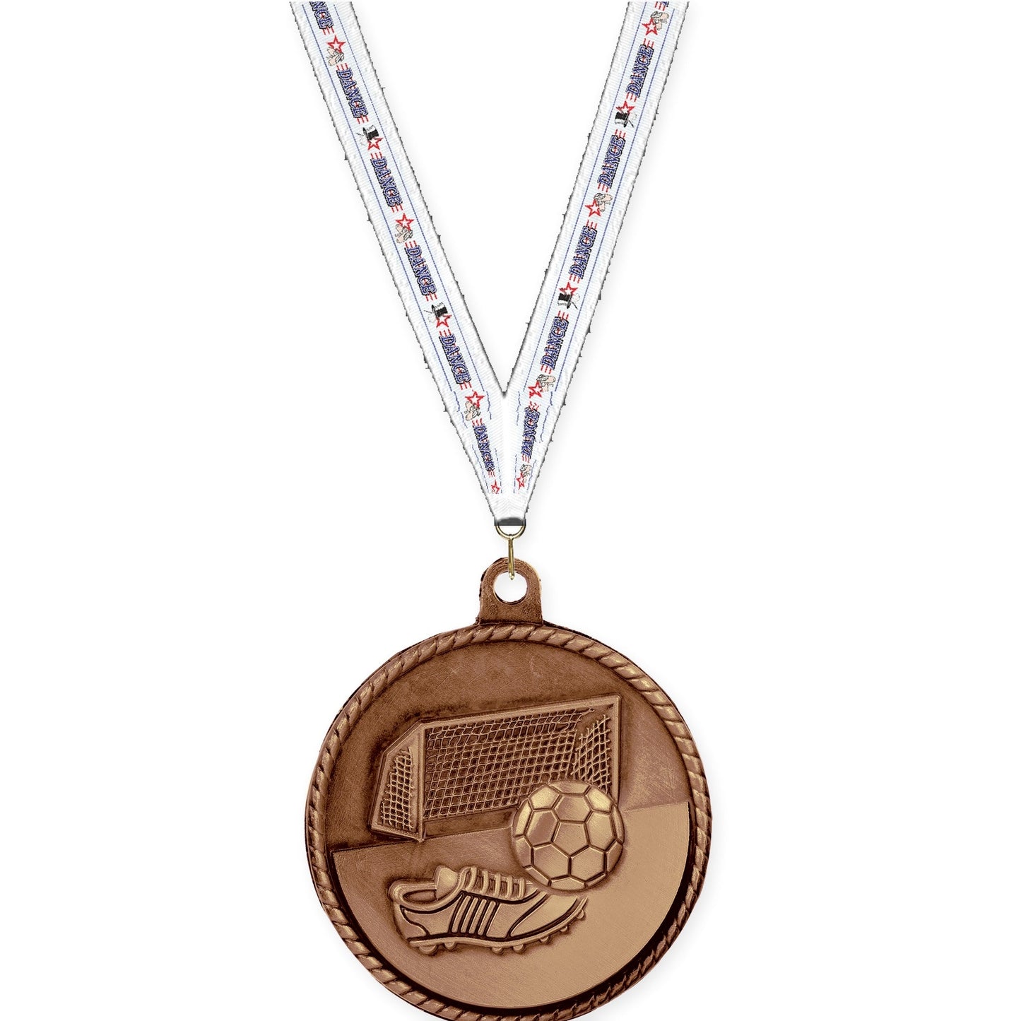2 inch soccer High Relief medal in antique bronze with Dance neck ribbon