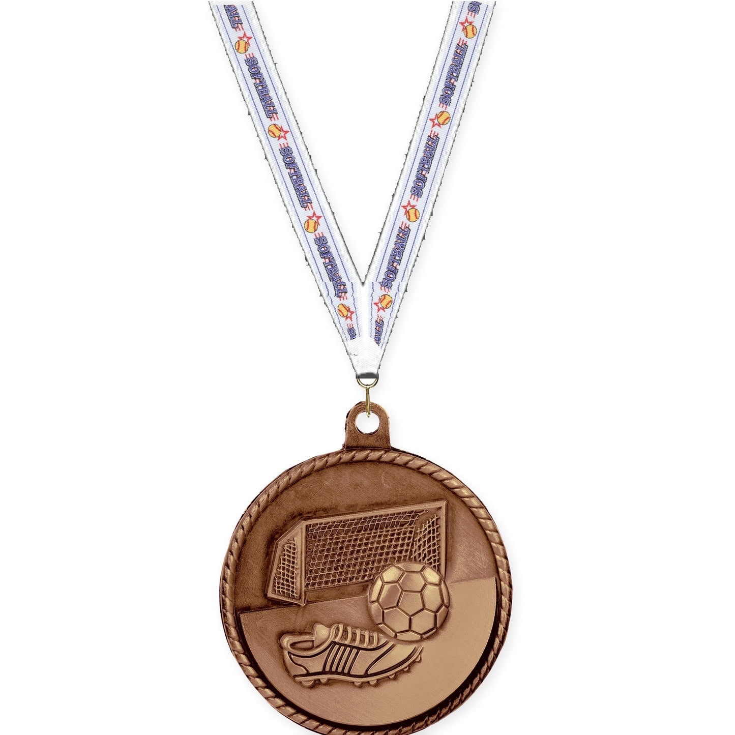 2 inch soccer High Relief medal in antique bronze with Softball neck ribbon